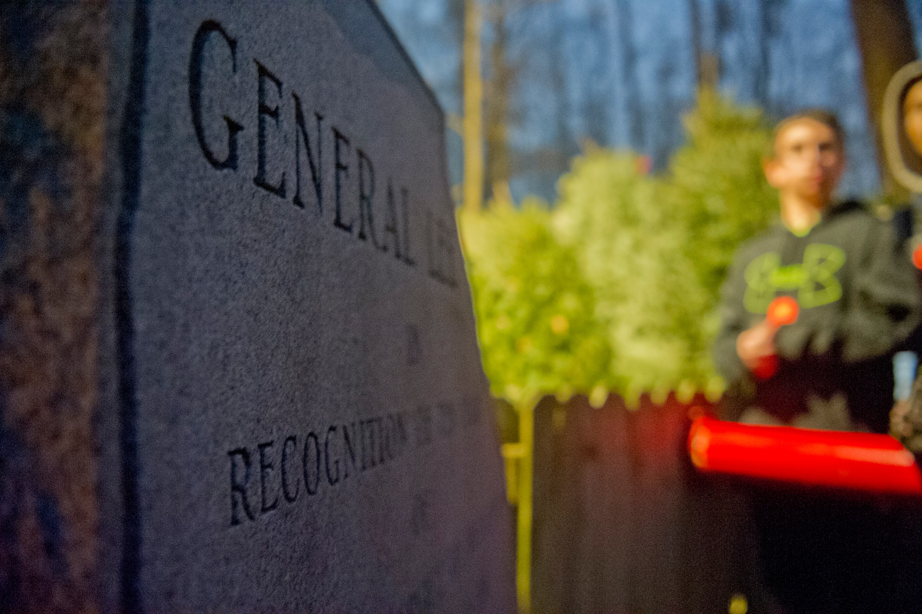 A stone sign sits in front of General Beauregard Lee's enclosure at the Yellow River Game Ranch in Lilburn on Sunday, February 2, 2014.