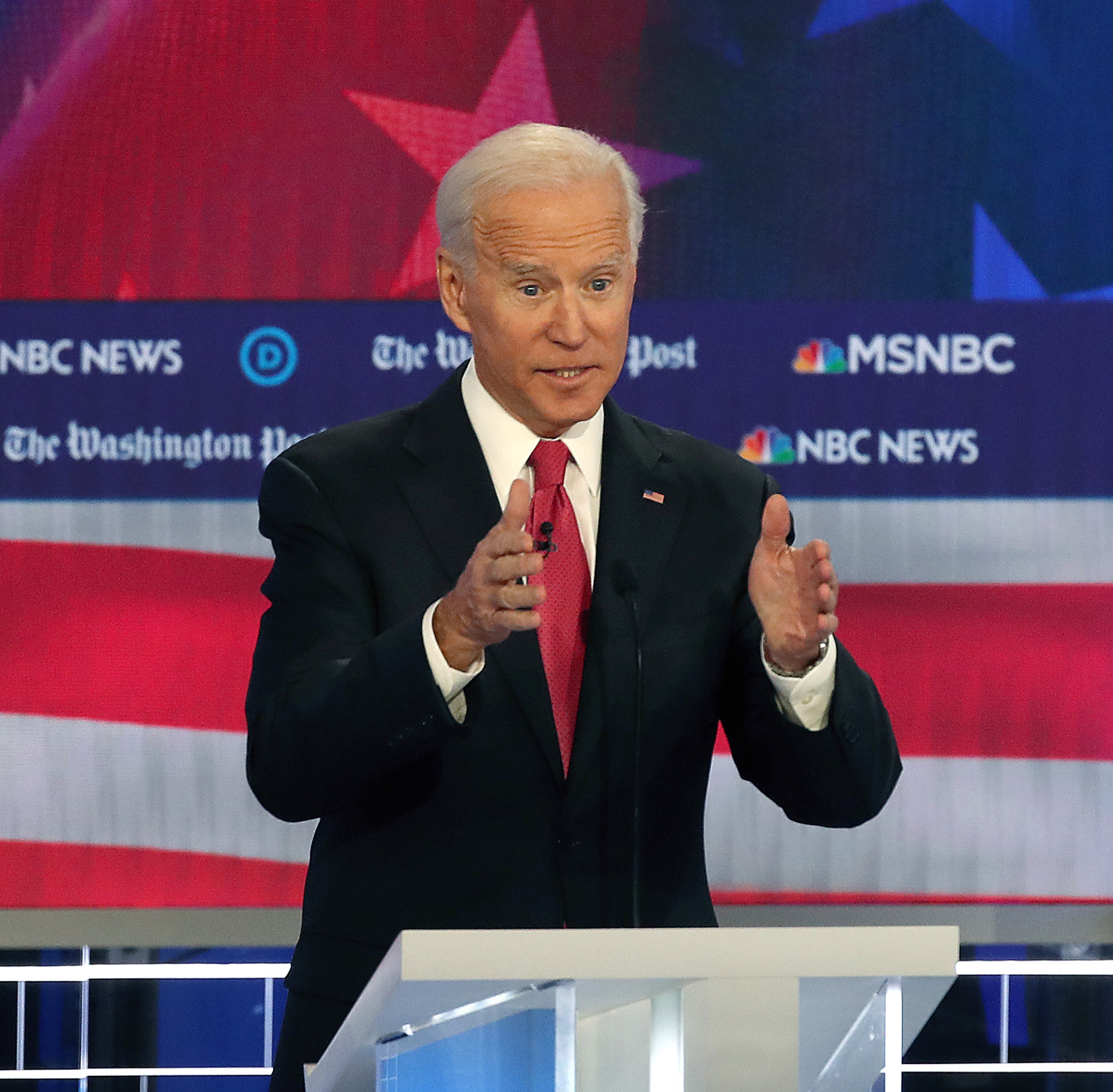 11/20/2019 -- Atlanta, Georgia -- Former Vice President Joe Biden speaks, during the MSNBC/The Washington Post Democratic Presidential debate inside the Oprah Winfrey Soundstage at Tyler Perry Studios, Monday, November 20, 2019. (Alyssa Pointer/Atlanta Journal Constitution)
