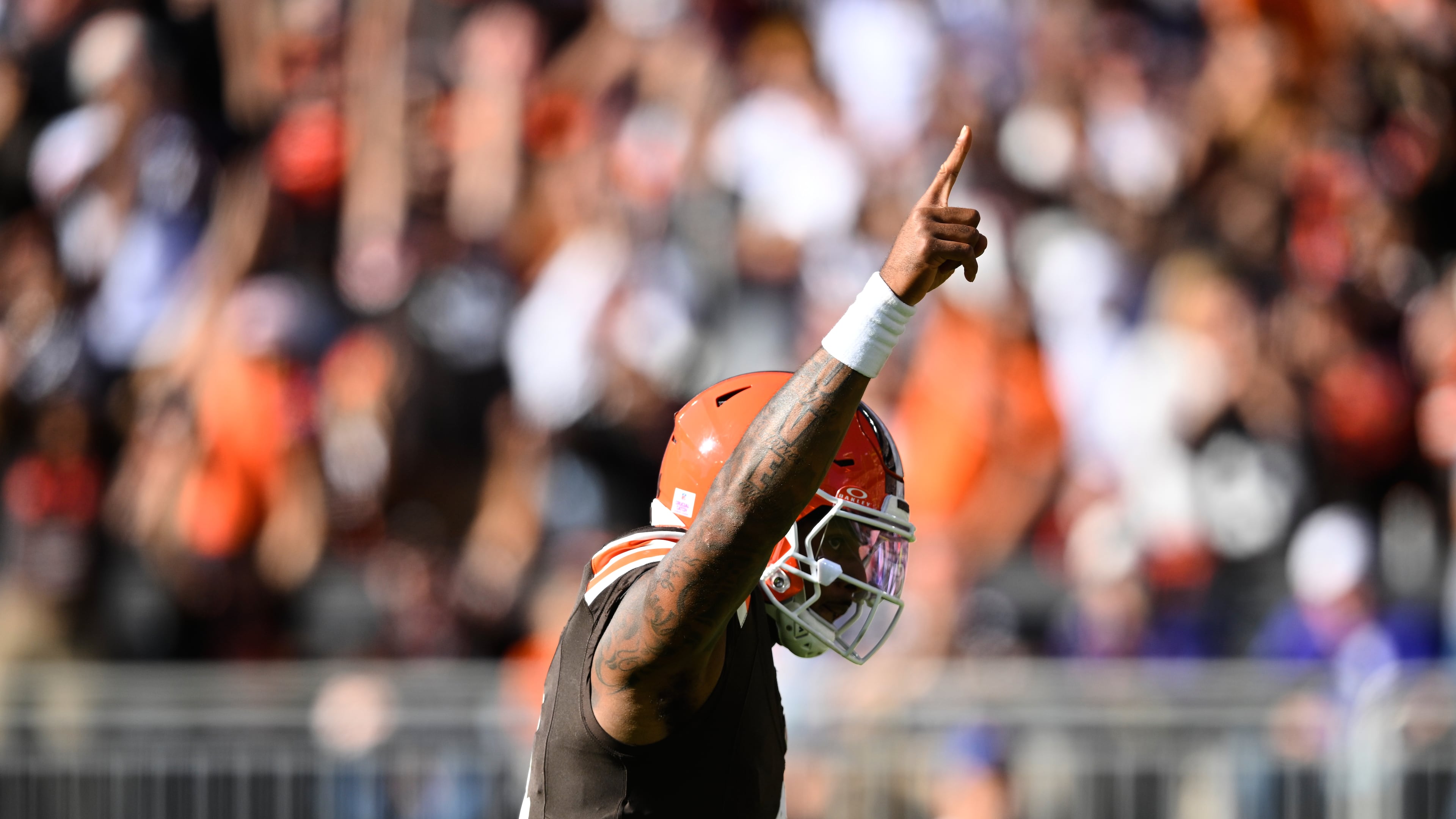 Cleveland Browns quarterback Deshaun Watson gestures after running back Audric Estime scored a touchdown during the second half of an NFL football game against the Baltimore Ravens in Cleveland, Sunday, Oct. 18, 2026. (AP Photo/David Richard)