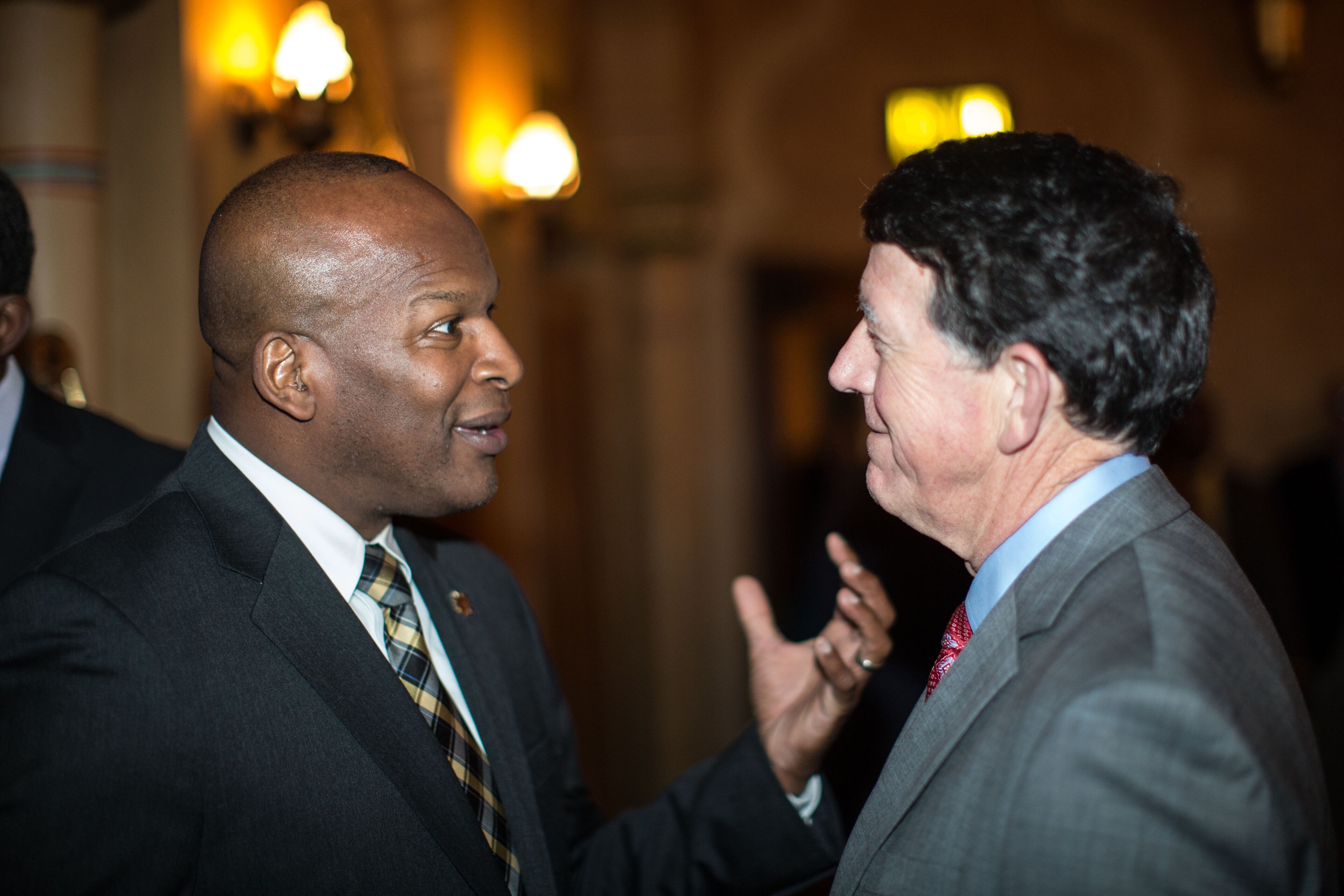 Kennesaw State Athletic Director Vaughn Williams, left, and UGA Athletic Director Greg McGarity, right, talk during the 10th annual Atlanta Sports Awards held at the Fox Theatre, Thursday, March 5, 2015, in Atlanta. (SPECIAL/BRANDEN CAMP)