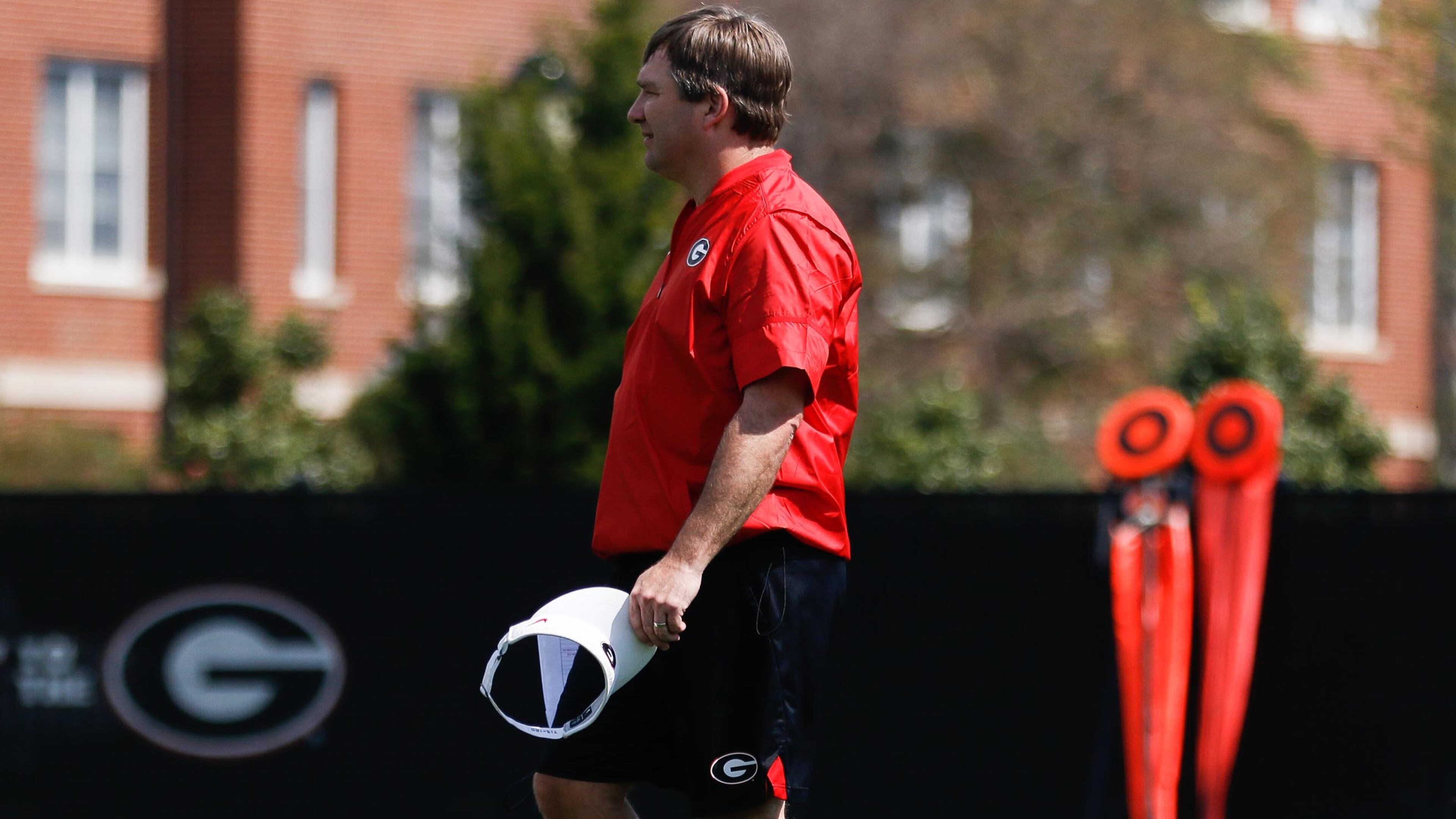 Georgia head coach Kirby Smart watches over spring practice Saturday, March 30, 2019, in Athens.