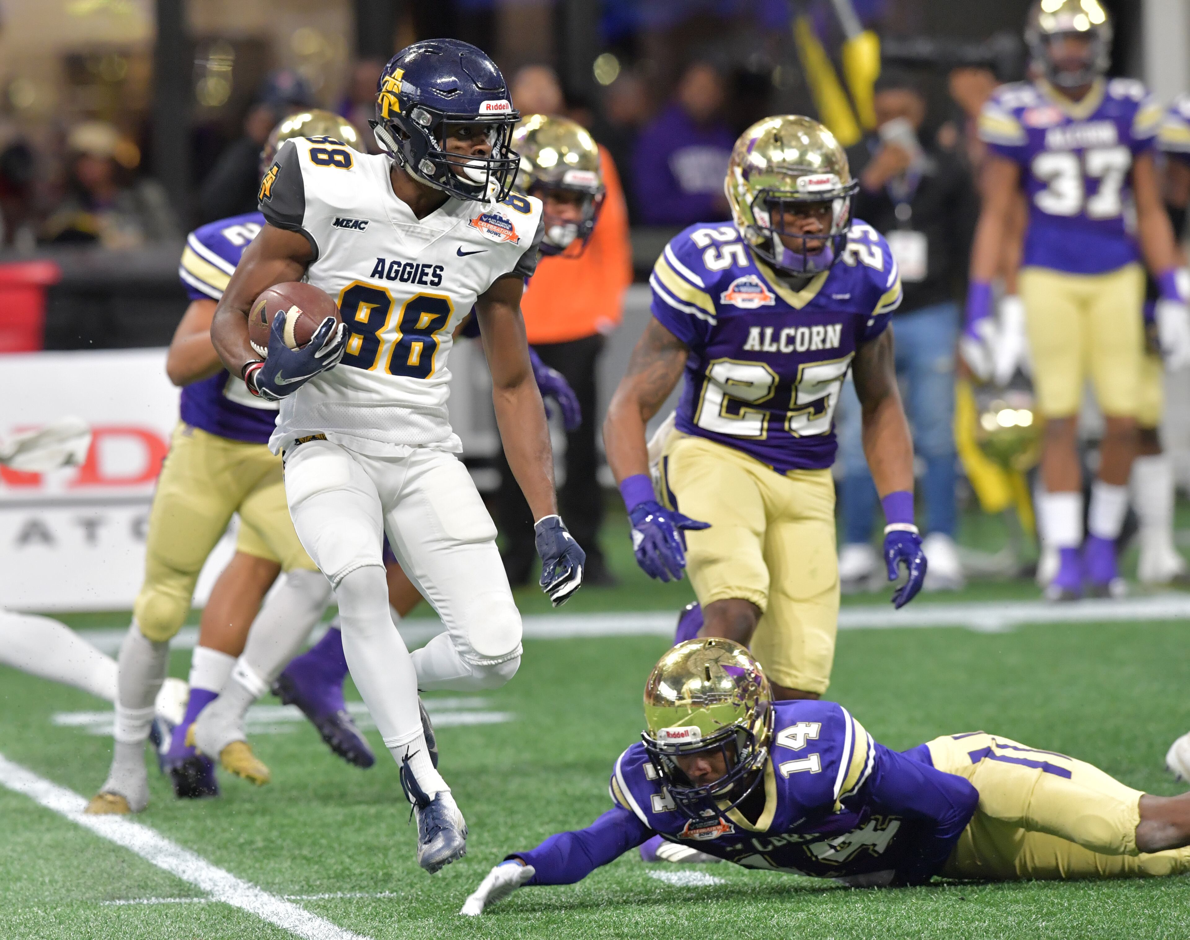 December 15, 2018 Atlanta - North Carolina A&T wide receiver Malik Wilson (88) makes a move after a catch during the first half of the 2018 Celebration Bowl at Mercedes-Benz Stadium on Saturday, December 15, 2018. HYOSUB SHIN / HSHIN@AJC.COM