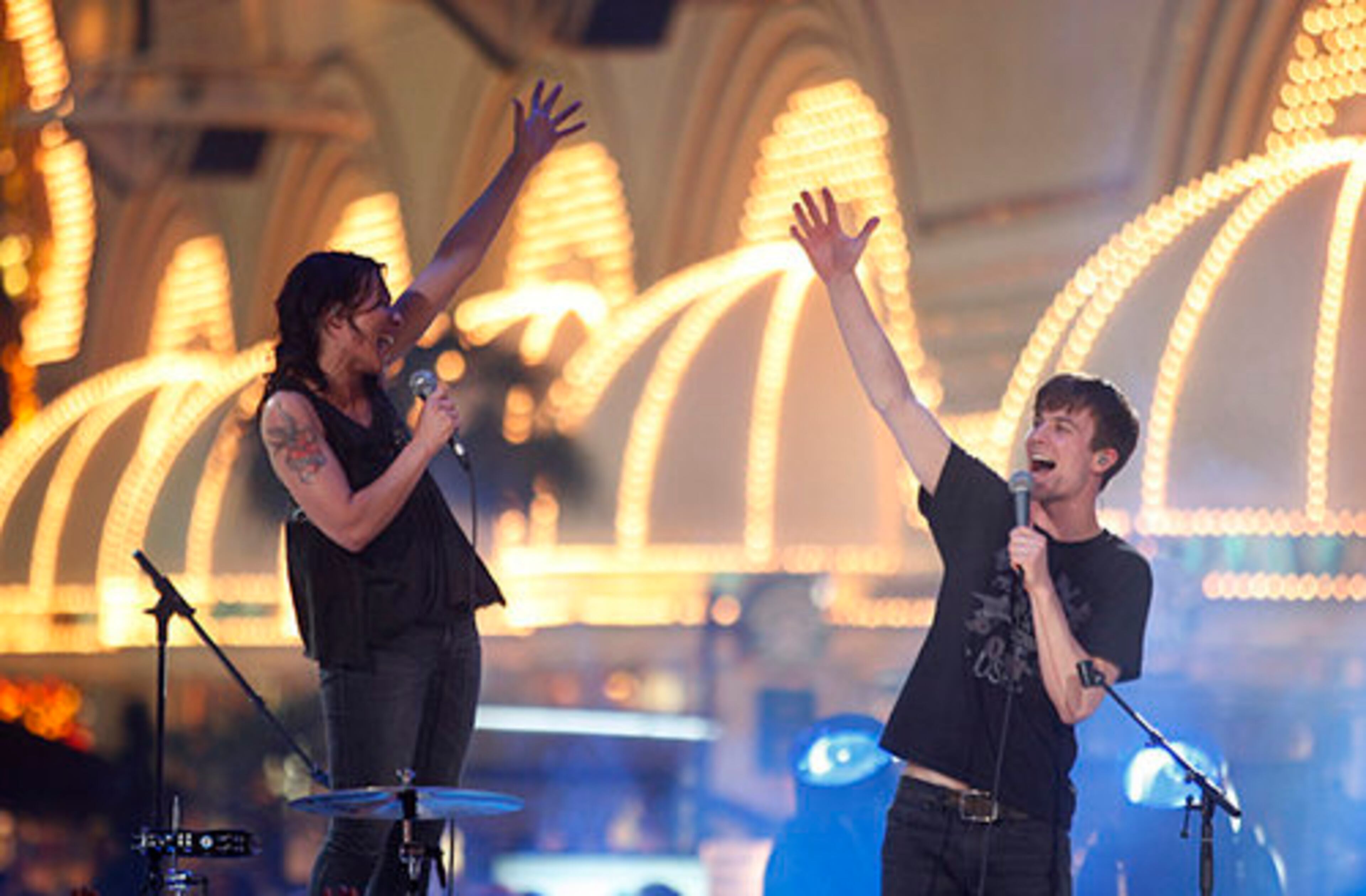 Kim Shifino, left, and Matt Johnson of Matt and Kim perform during the MTV O Music Awards Thursday, April 28, 2011, in Las Vegas. The awards aired Thursday night not on any network but on Facebook, the MTV website and mobile applications.