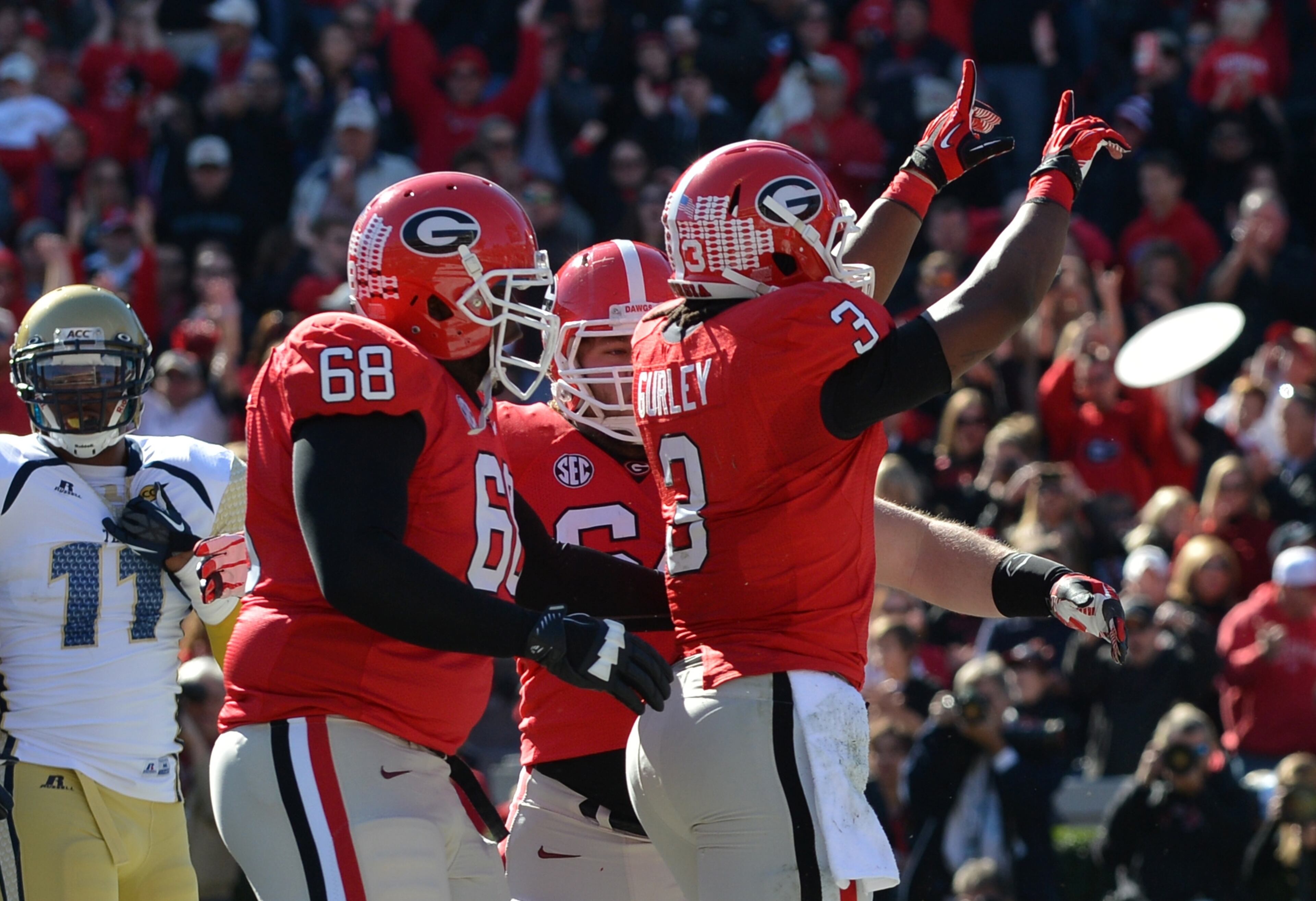 Georgia's Todd Gurley (3) celebrates his opening drive touchdown over Georgia tech in the first quarter.