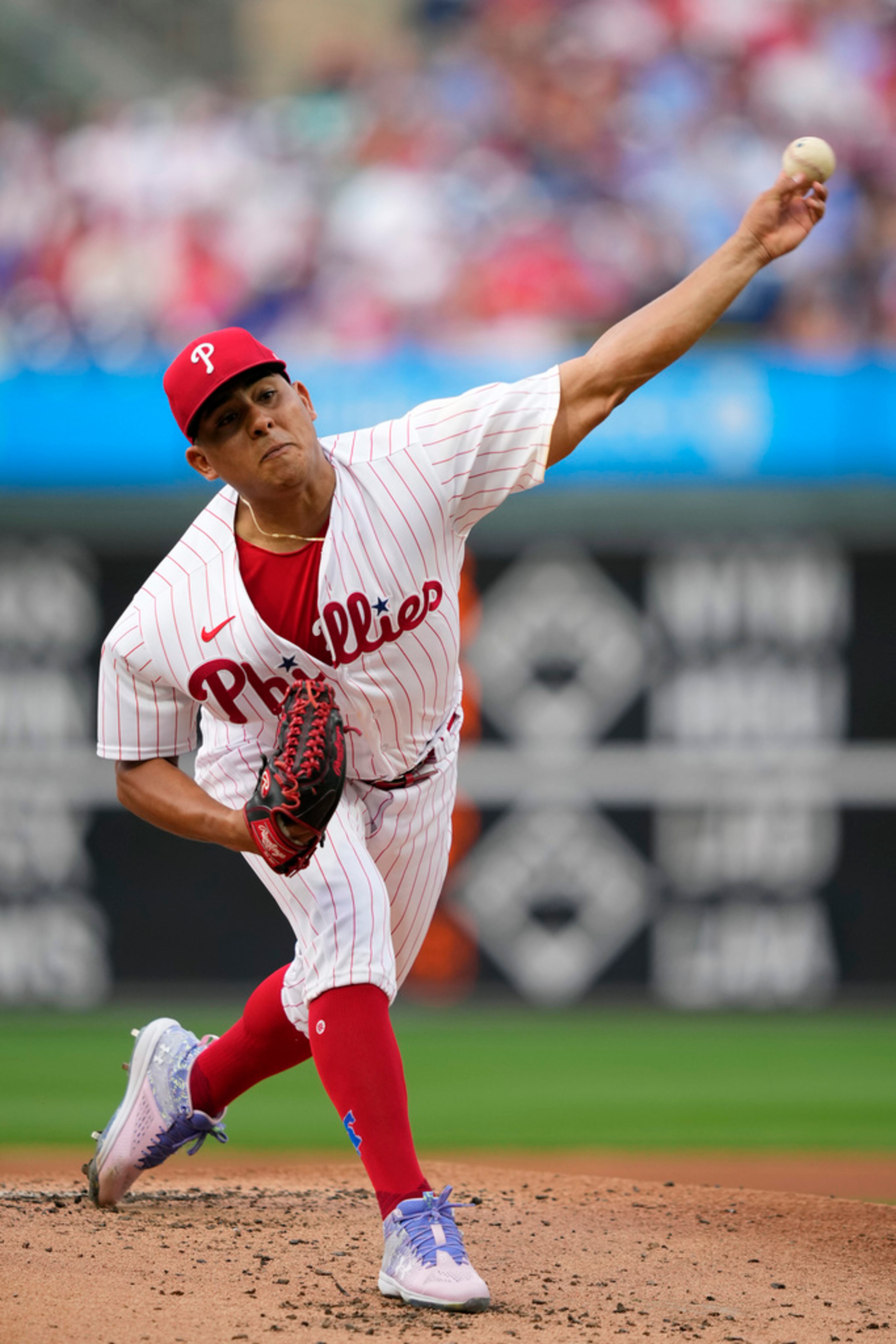 Philadelphia Phillies' Ranger Suarez pitches during the second inning of a baseball game against the Atlanta Braves, Tuesday, June 20, 2023, in Philadelphia. (AP Photo/Matt Slocum)