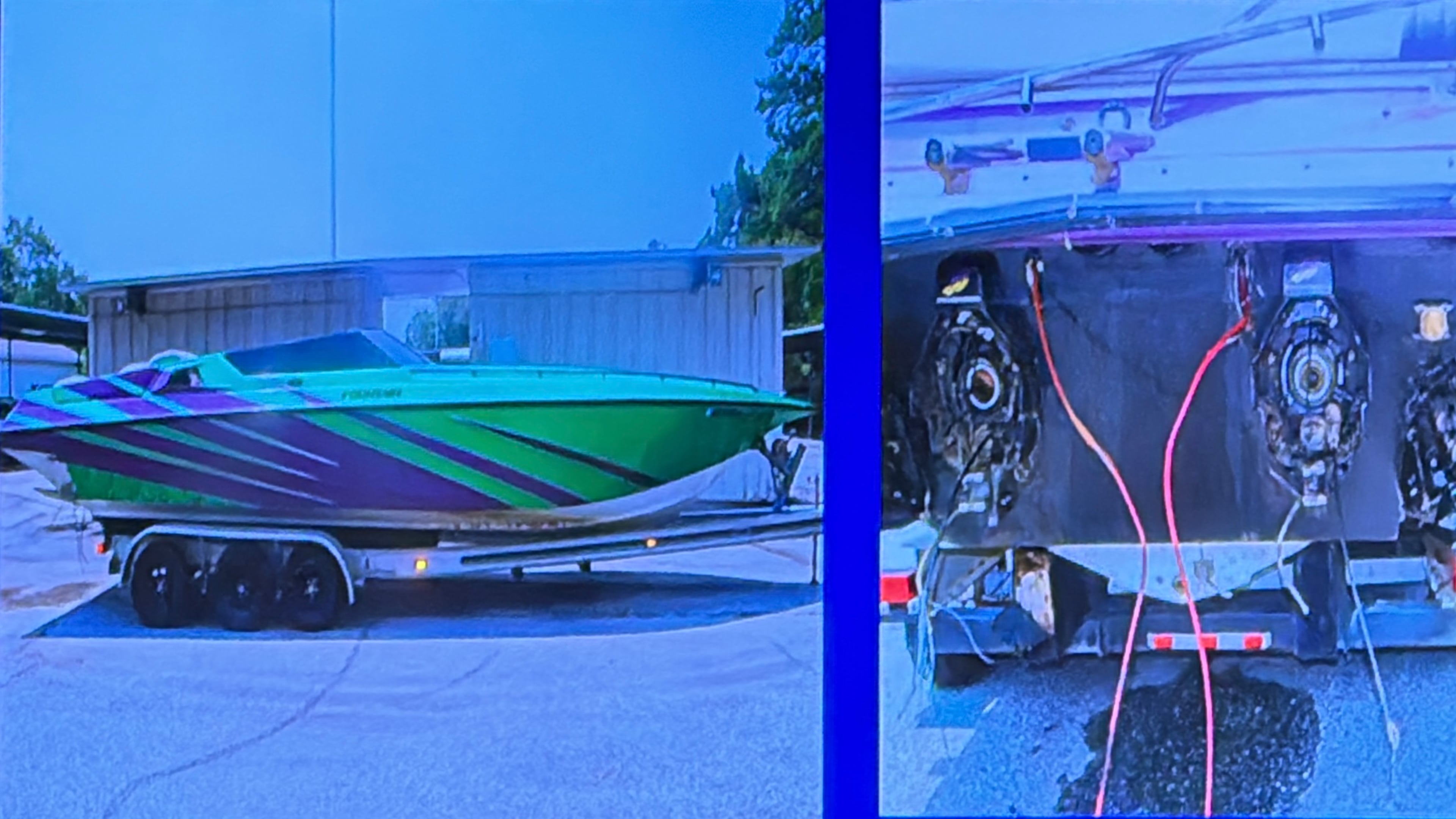 These images show the cigarette boat driven by Eric Delma Head after it struck a pontoon boat on Lake Tobesofkee in Macon during the wee hours of July 24, 2021. (Bibb County District Attorney's Office)