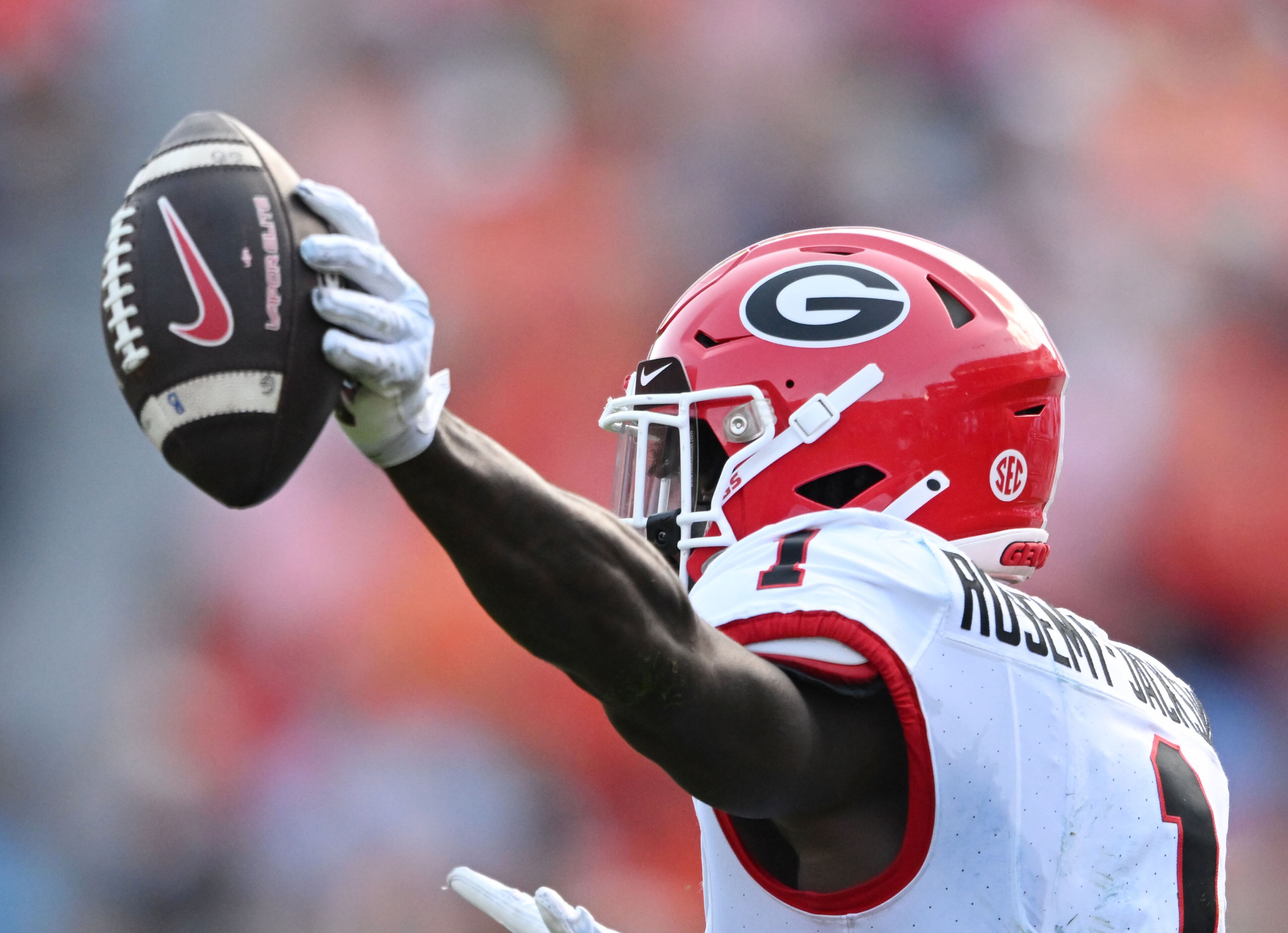 Georgia wide receiver Marcus Rosemy-Jacksaint celebrates after catching a pass during the first half in an NCAA football game against Aubun at Jordan-Hare Stadium, Saturday, Sept. 30, 2023, in Auburn, Alabama. (Hyosub Shin / Hyosub.Shin@ajc.com)