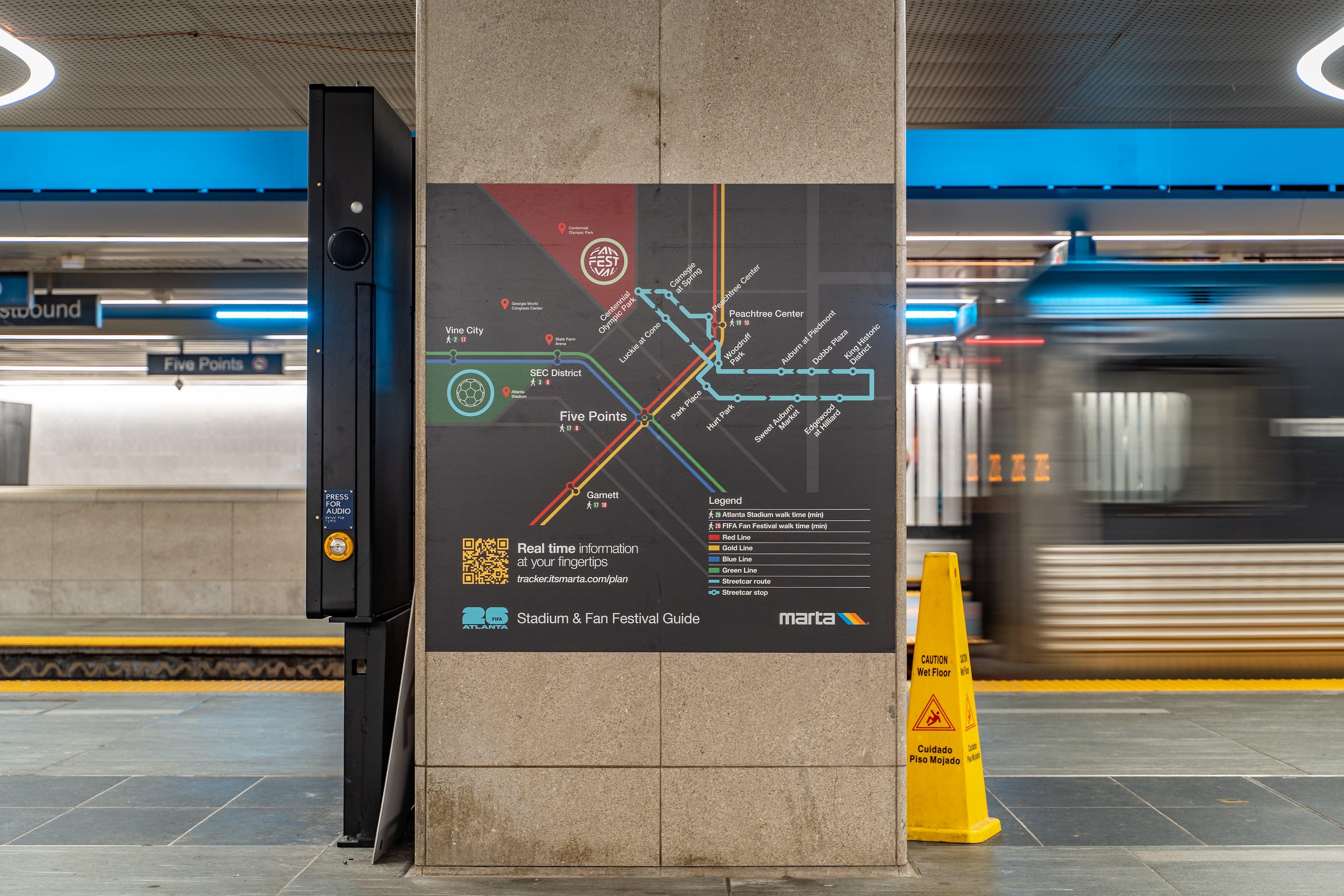 New signage is placed inside the Five Points MARTA station on Friday, June 5, 2026. (Ben Hendren for the AJC)