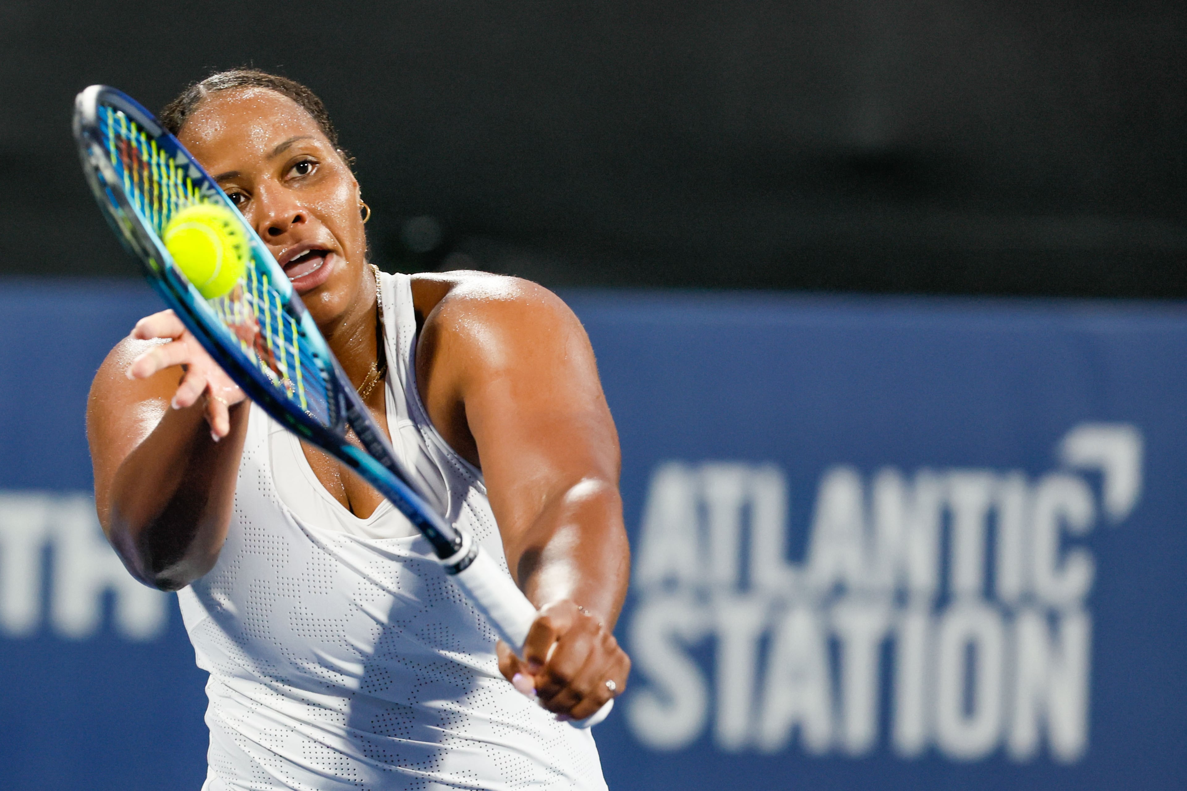 Taylor Townsend keeps an eye on the ball for a return against Sloane Stephens during an exhibition match in the Atlanta Open at Atlantic Station on Sunday, July 21, 2024, in Atlanta.
(Miguel Martinez / AJC)