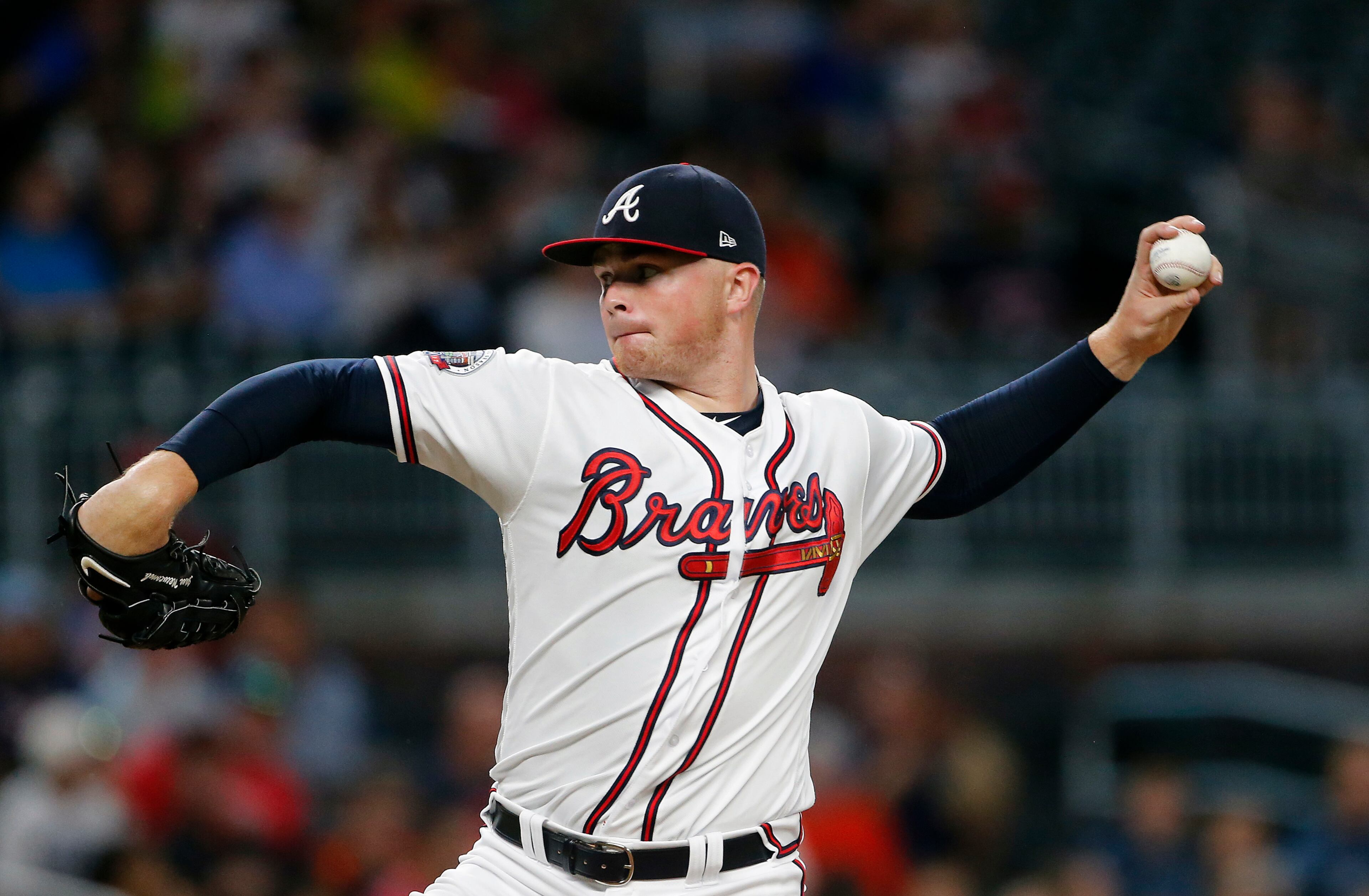 Atlanta Braves starting pitcher Sean Newcomb (51) works in the first inning of a baseball game against the San Francisco Giants Wednesday, June 21, 2017, in Atlanta. (AP Photo/John Bazemore)