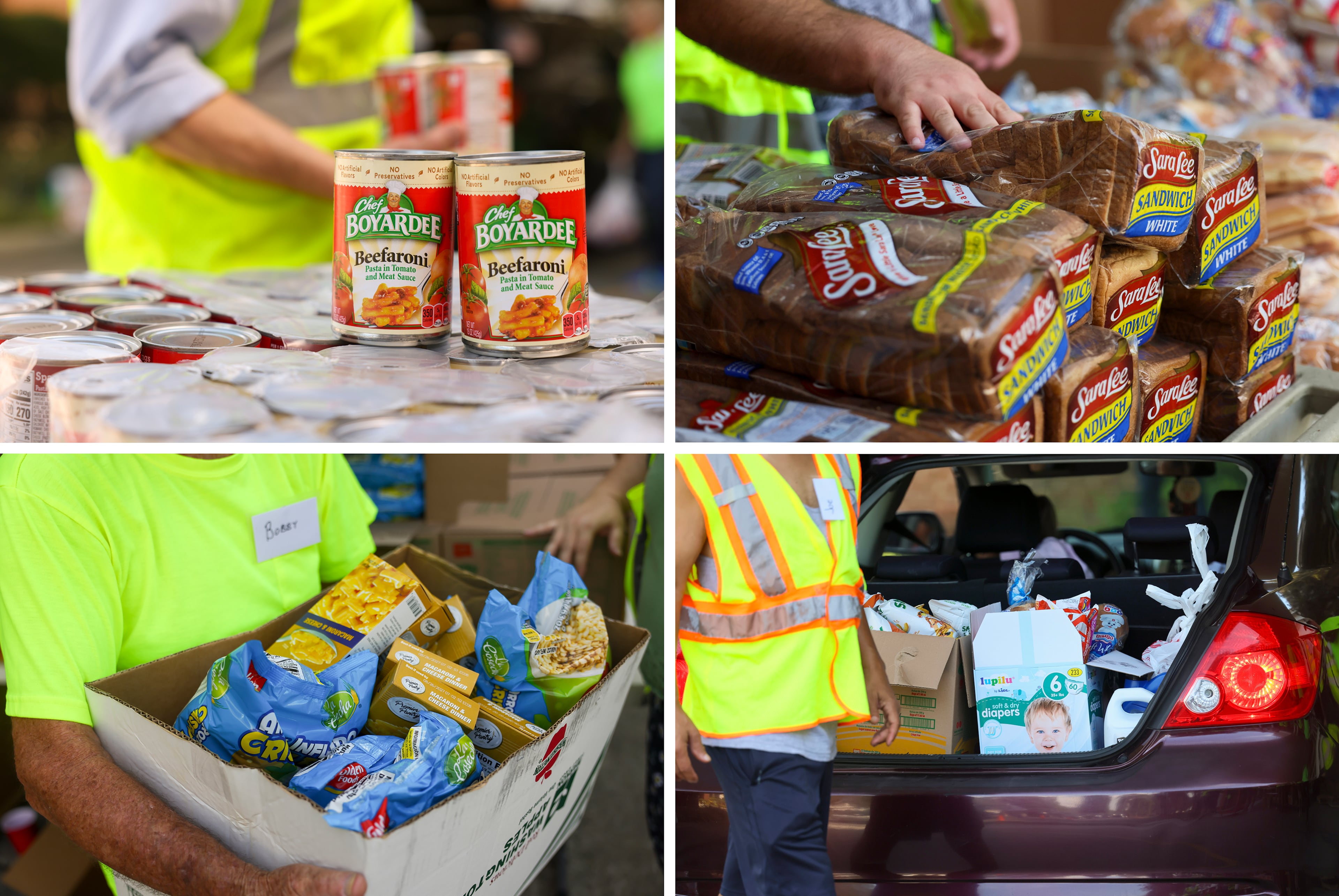 (Clockwise from top left) Cans of Chef Boyardee wait to be delivered to families; a volunteer organizes a collection of bread; food is shown in the back of an automobile as families line up to receive food and other supplies; a volunteer holds a box of food as he works during the weekly drive-up food pantry at First Presbyterian Church in Marietta on Tuesday, Aug. 4, 2026. (Jason Getz/AJC)