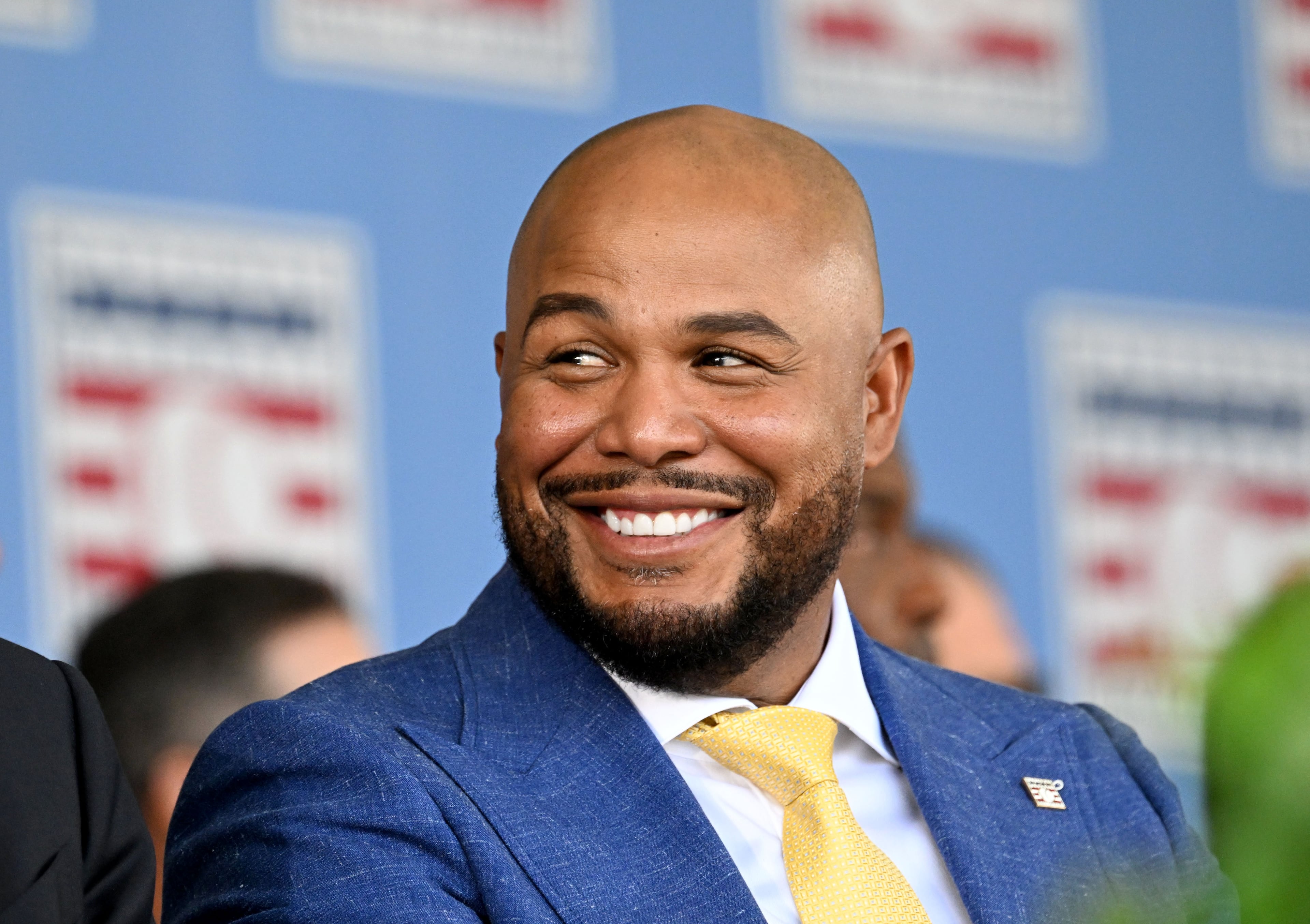 Andruw Jones reacts as he sits with other members of the National Baseball Hall of Fame during the 2026 National Baseball Hall of Fame Induction Ceremony at the Clark Sports Center on Sunday, July 26, 2026, in Cooperstown, N.Y. Braves centerfielder Andruw Jones is set for induction into the National Baseball Hall of Fame as part of the Class of 2026, alongside Carlos Beltrán and Jeff Kent. (Hyosub Shin/AJC)
