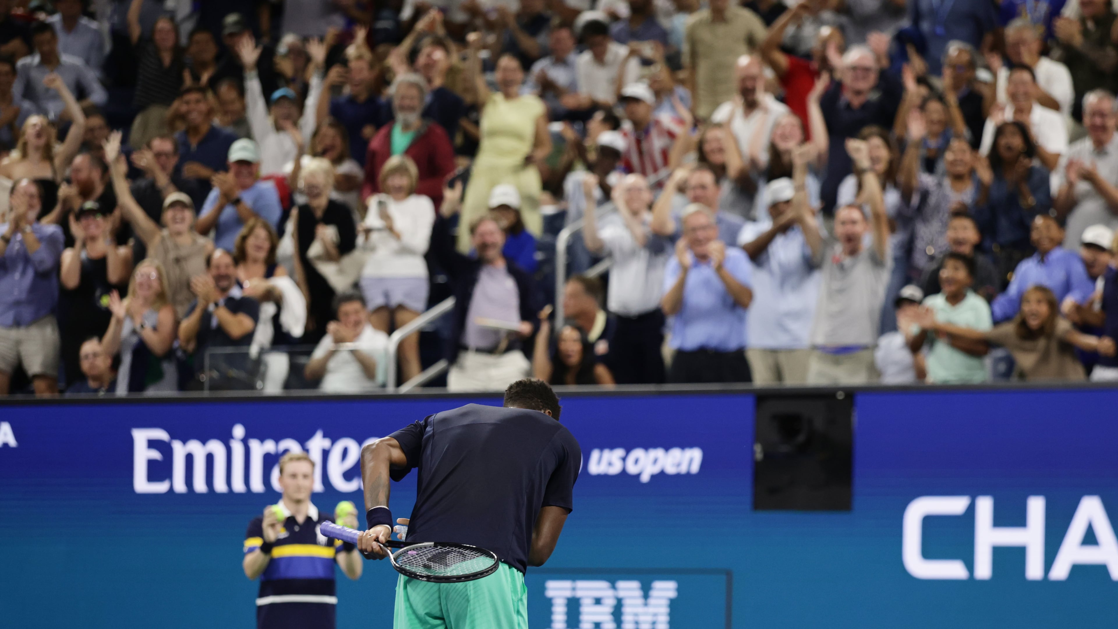 Gael Monfils, of France, takes a bow after winning a point against Adolfo Daniel Vallejo, of Paraguay, during the first round of the U.S. Open tennis championships Tuesday, Sept. 1, 2026, in New York. (AP Photo/Adam Hunger)