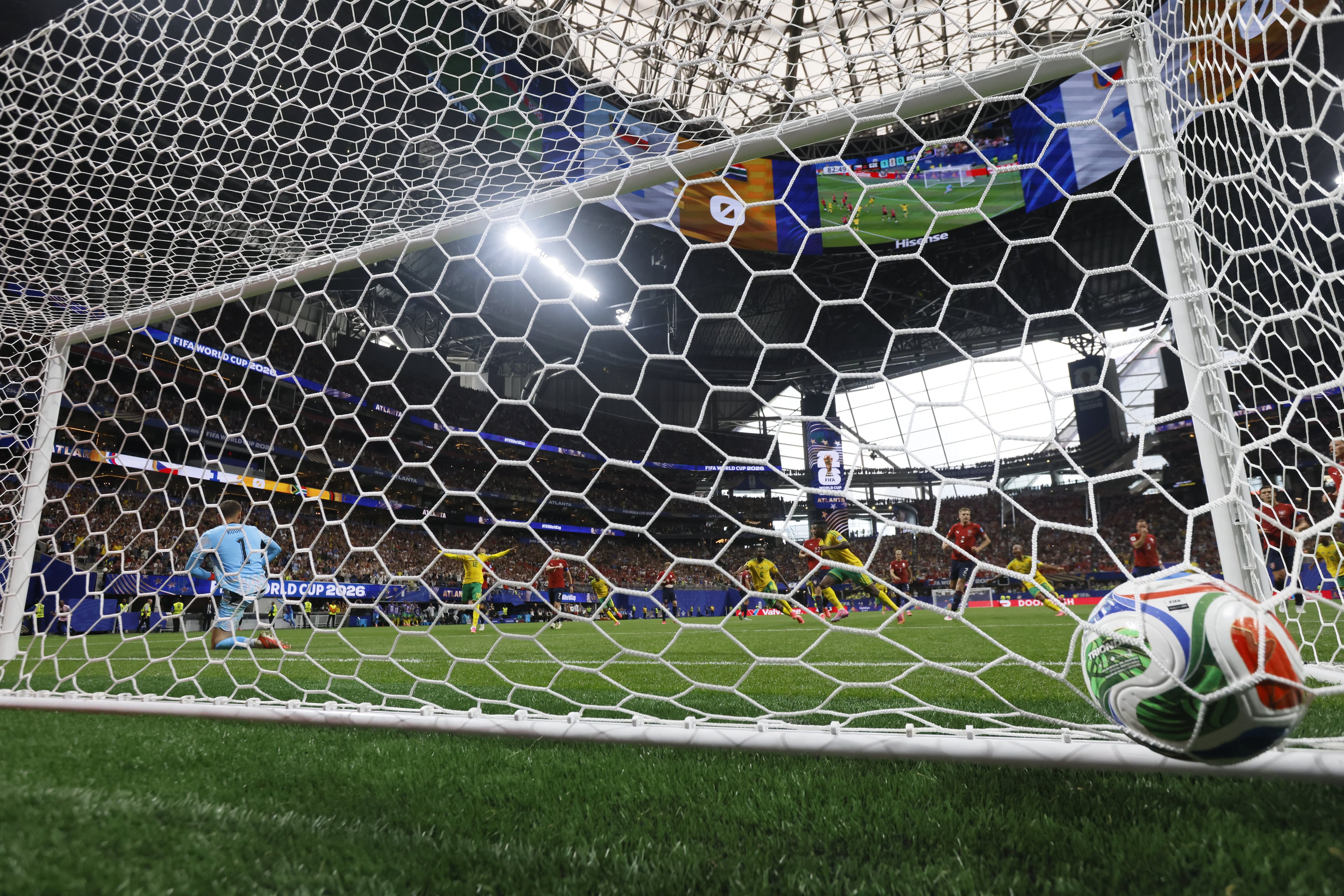 South Africa's Teboho Mokoena's penalty kick hits the next for a goal past Czechia goalkeeper Matej Kovar during second half of Czechia vs. South Africa Group A FIFA World Cup match at Atlanta Stadium (Mercedes-Benz Stadium) on Thursday, June 18, 2026. (Miguel Martinez/AJC)