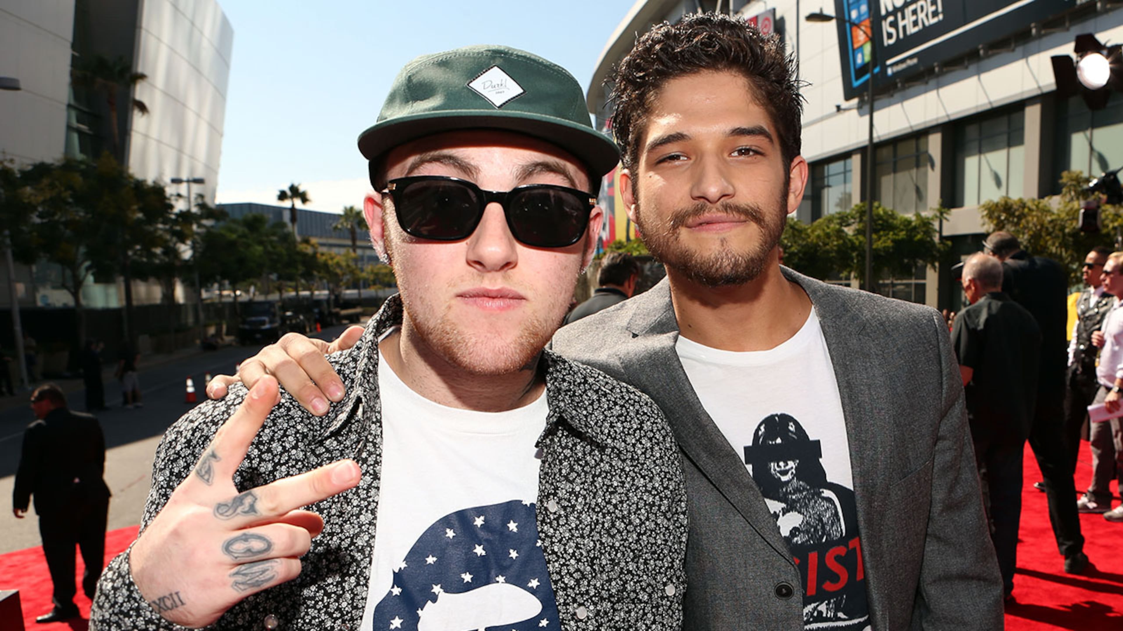 LOS ANGELES, CA - SEPTEMBER 06: (L-R) Rapper Mac Miller and actor Tyler Posey arrive at the 2012 MTV Video Music Awards at Staples Center on September 6, 2012 in Los Angeles, California. (Photo by Christopher Polk/Getty Images)