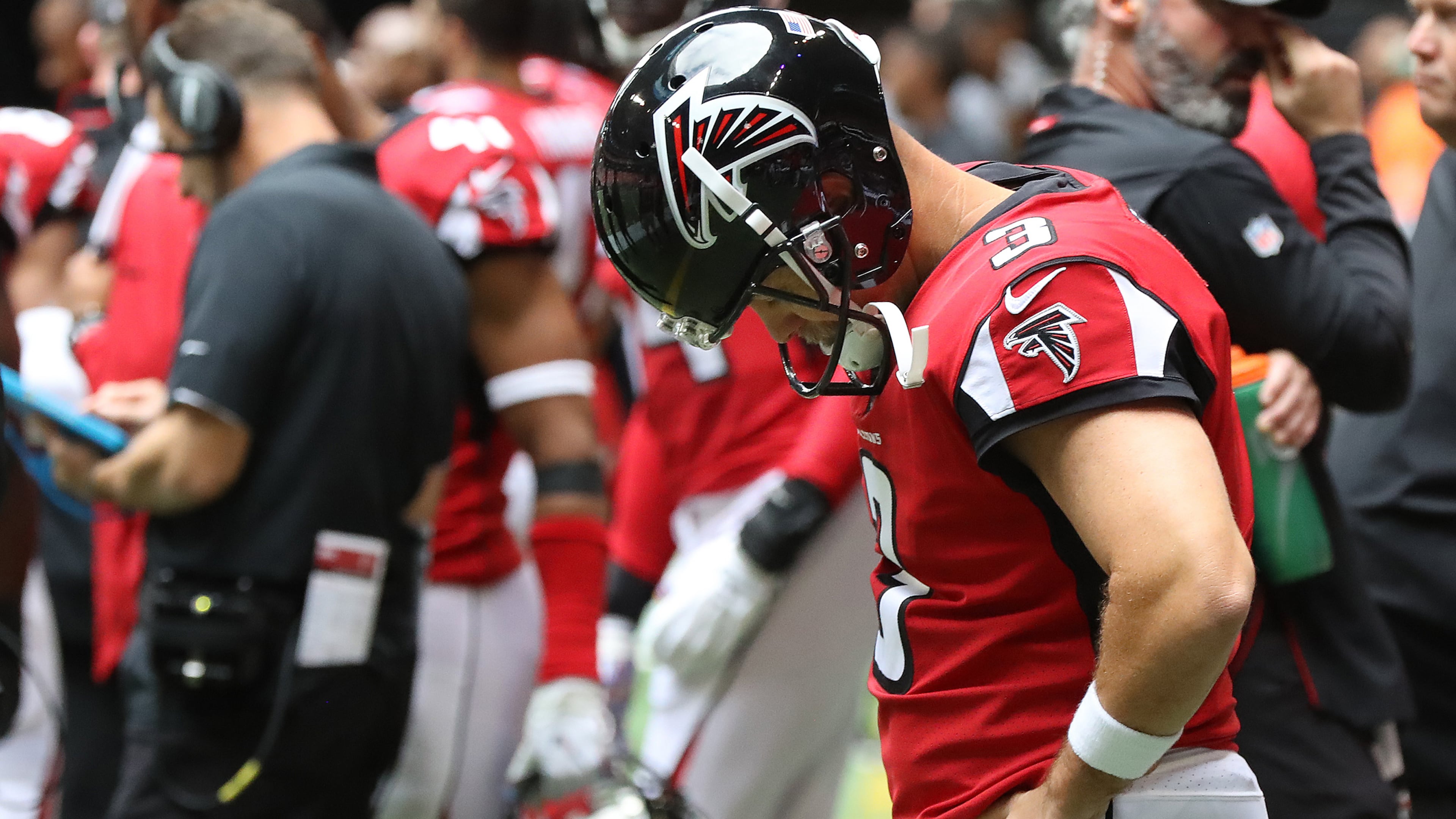 Falcons kicker Matt Bryant hands his head on the sidelines after missing a field-goal attempt Sunday, Oct. 20, 2019, against the Los Angeles Rams during the second quarter at Mercedes-Benz Stadium in Atlanta.