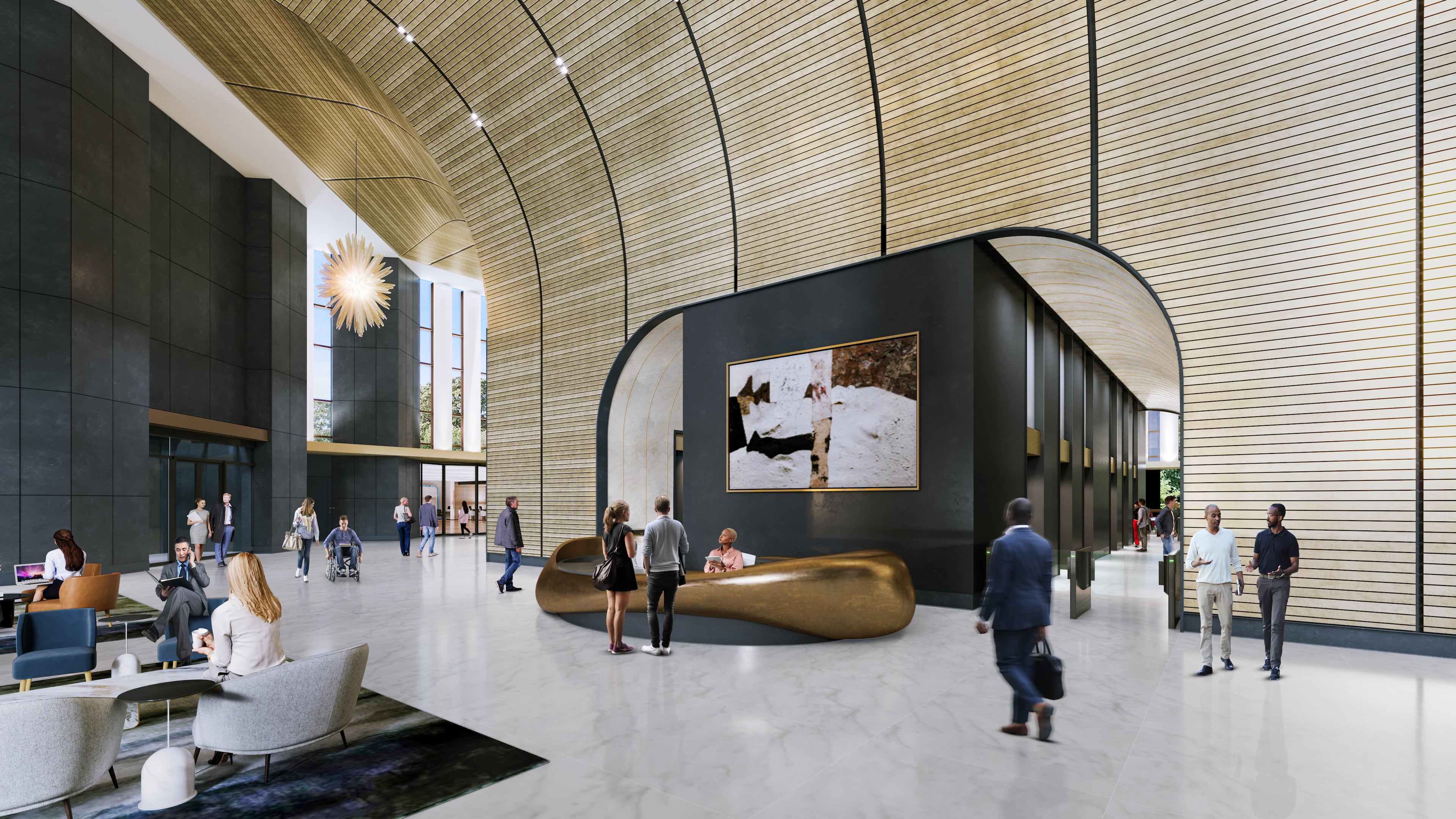 A rendering shows planned renovations to Bank of America Plaza's 20,000-square-foot lobby. (Courtesy of CP Group)