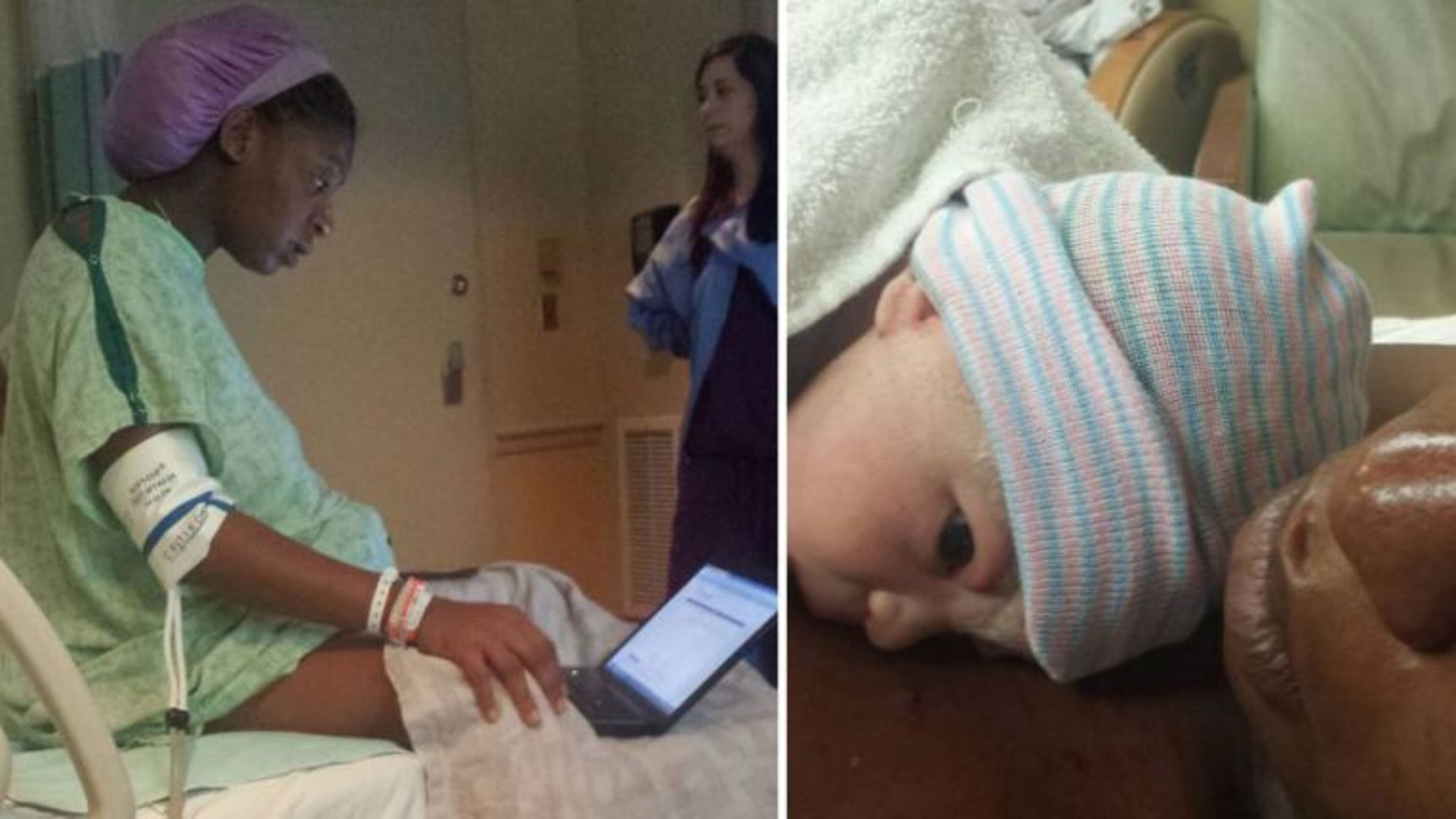 Left: Tommitrise Collins during labor. Right: with her newborn daughter, Tyler Elise.
