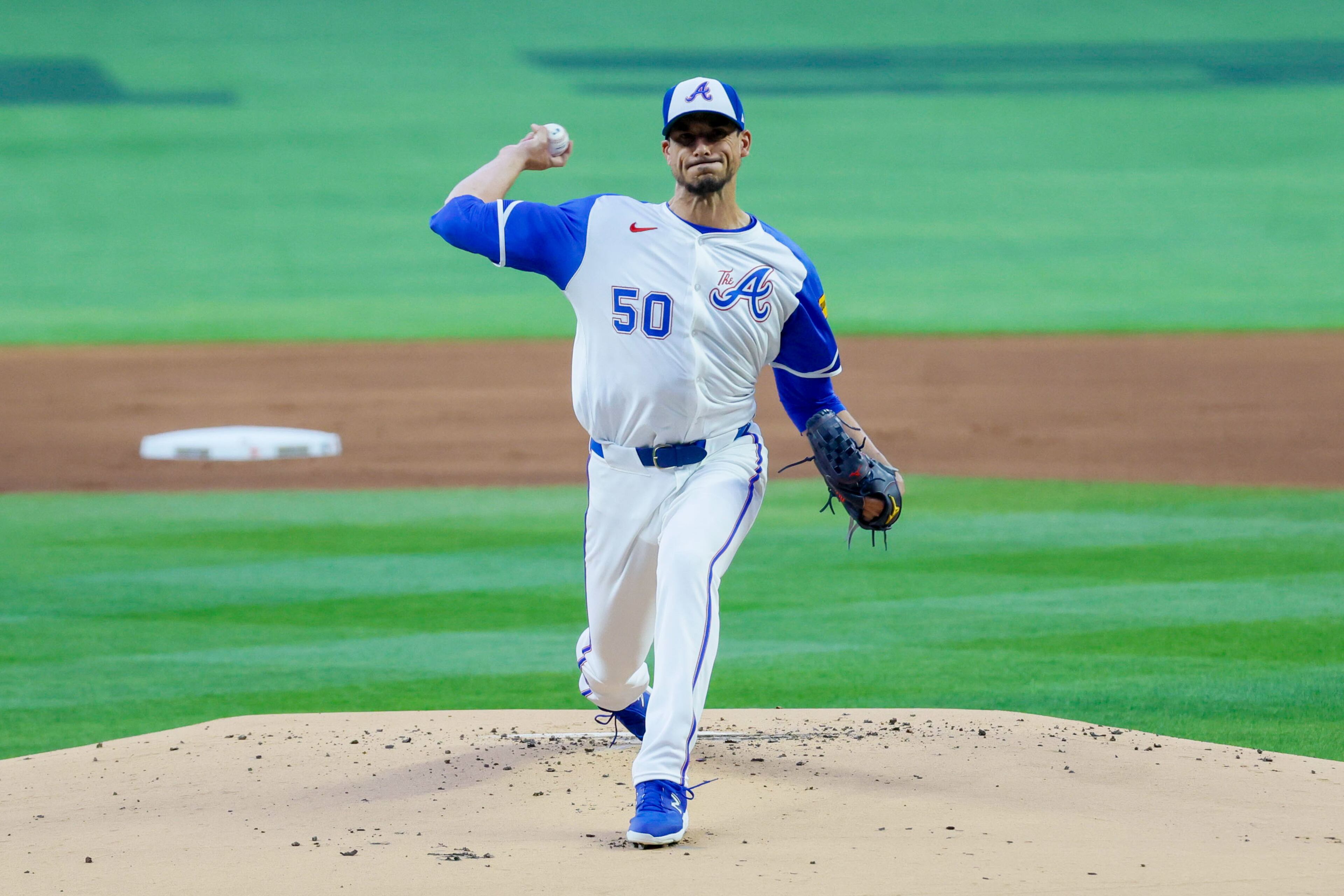 Braves starting pitcher Charlie Morton (50) delivers to a New York Mets batter during the first inning at Truist Park on Monday, April 8, 2024.
Miguel Martinez / miguel.martinezjimenez@ajc.com