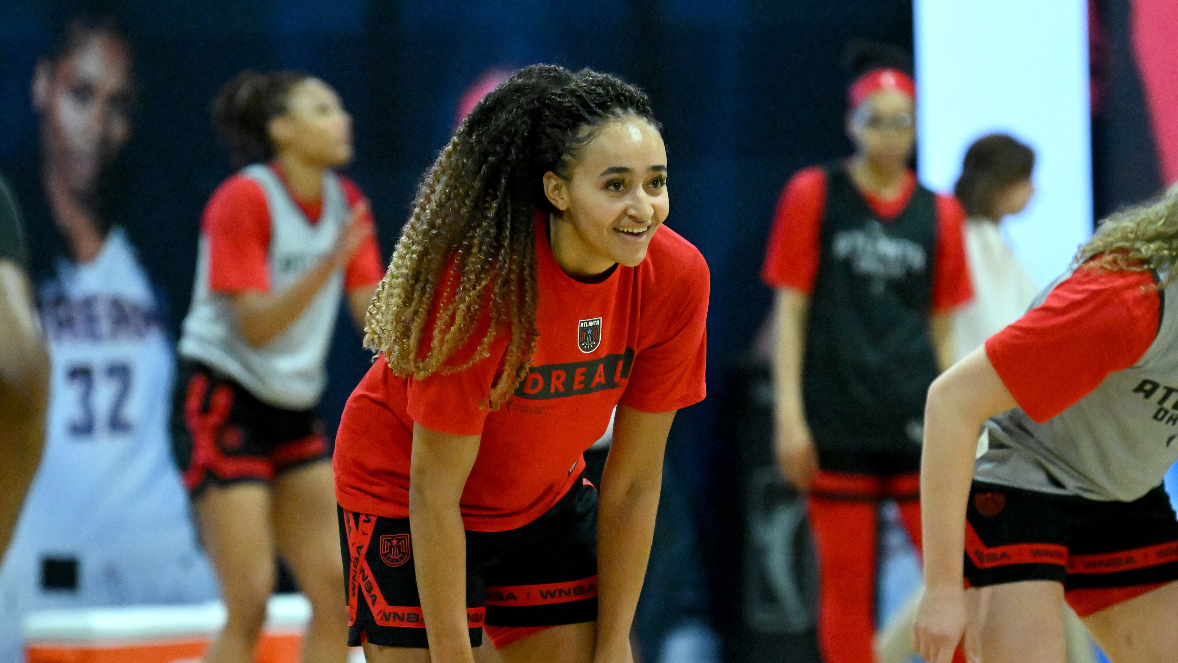 Atlanta Dream rookie Haley Jones smiles during Atlanta Dream training camp, Tuesday, May 2, 2023, in Chamblee. (Hyosub Shin / Hyosub.Shin@ajc.com)