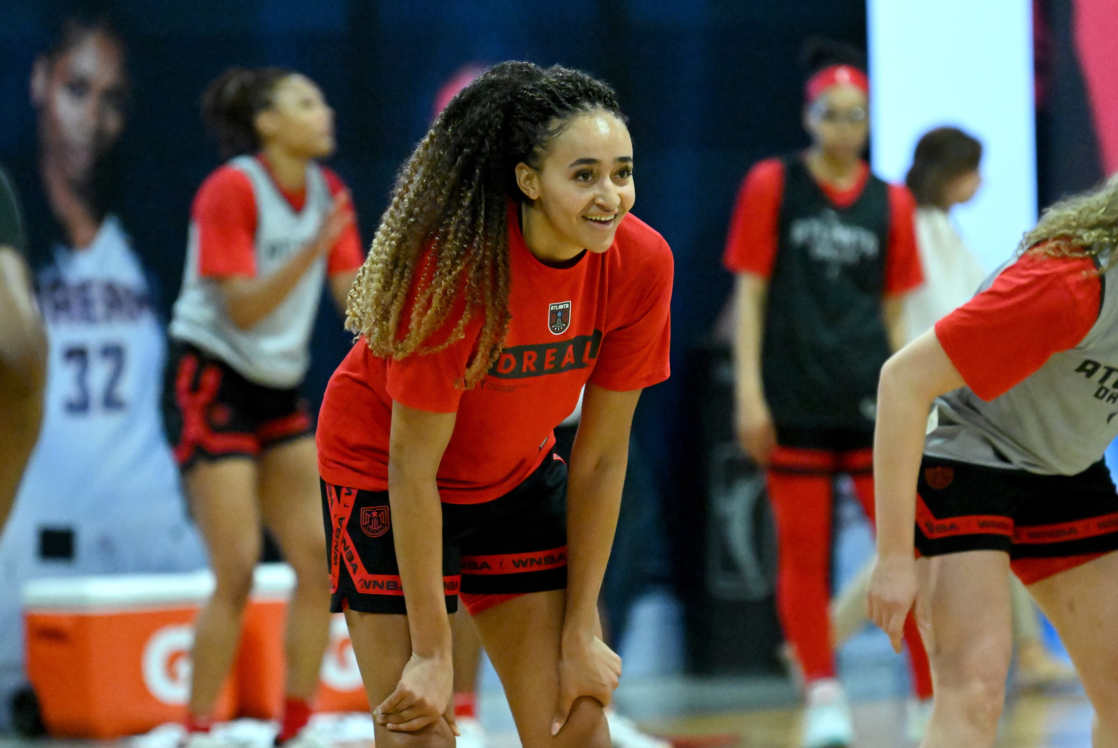Haley Jones smiles during a drill. (Hyosub Shin / Hyosub.Shin@ajc.com)