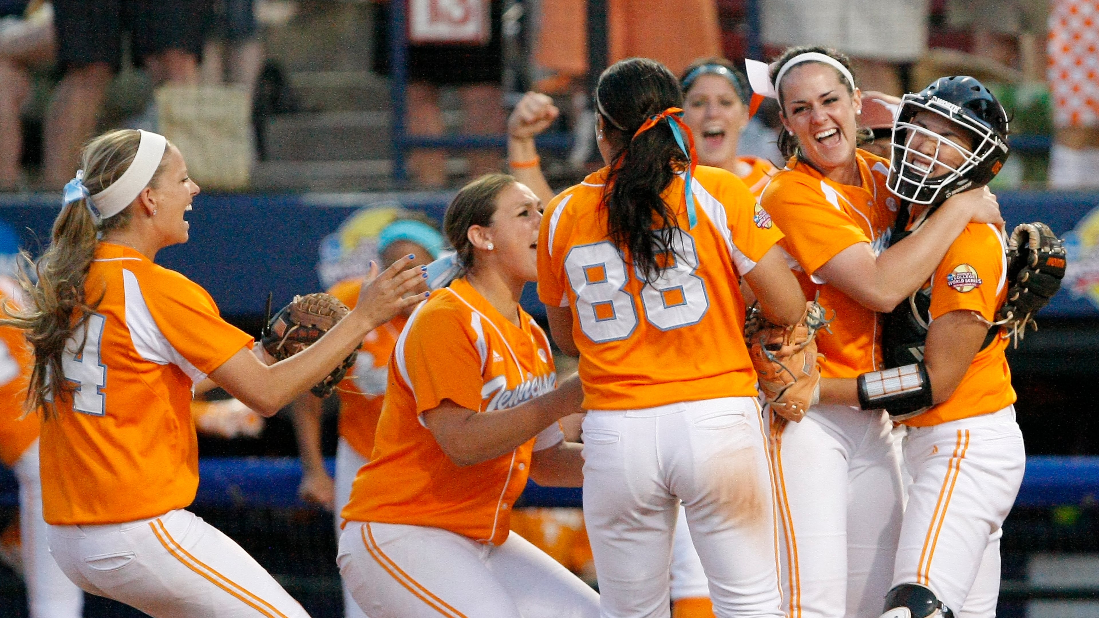 Tennessee celebrates after defeating Texas in their Women's College World Series NCAA softball game in Oklahoma City, Sunday, June 2, 2013. Tennessee won 2-1.