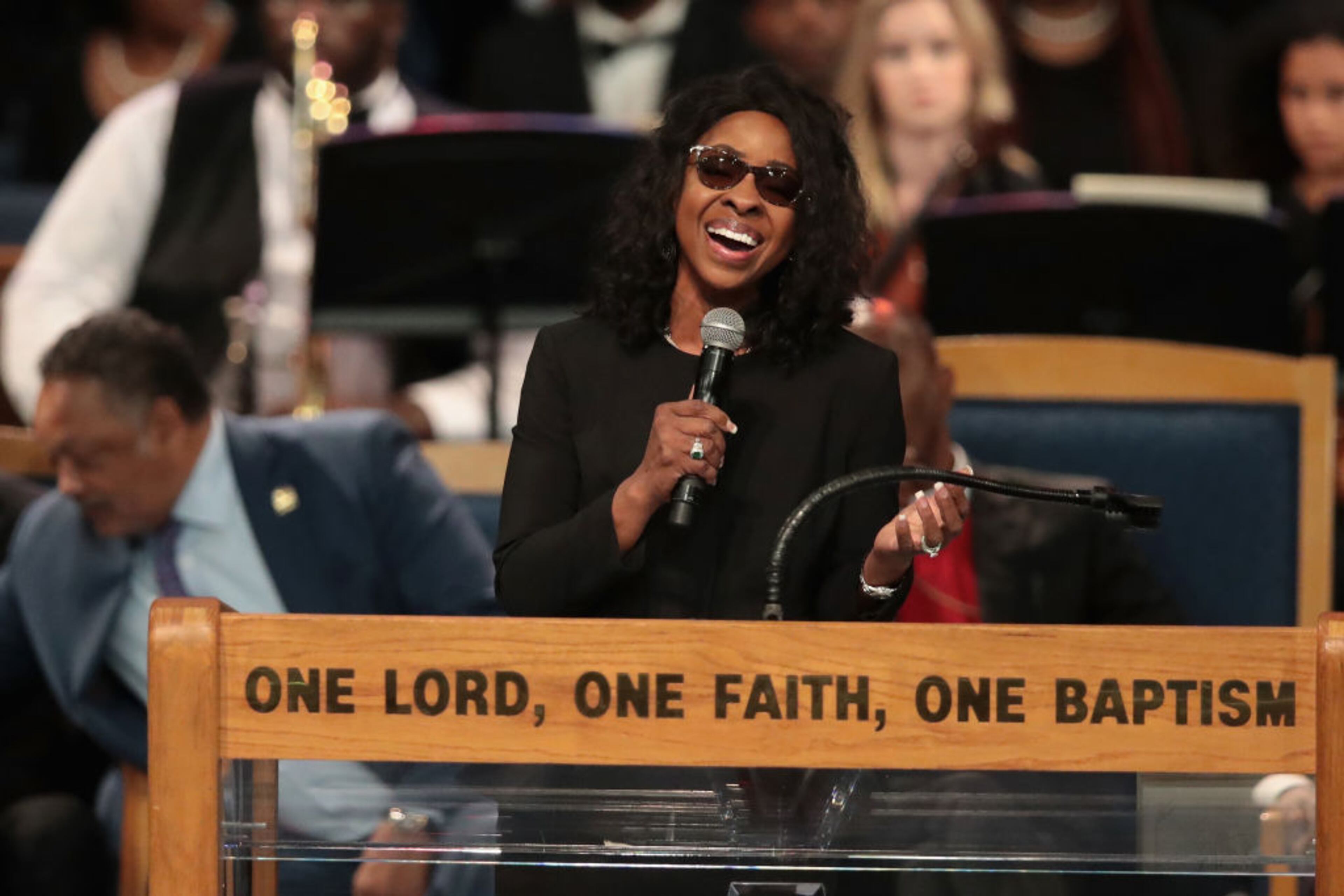 DETROIT, MI - AUGUST 31: Gladys Knight performs at the funeral for Aretha Franklin at the Greater Grace Temple on August 31, 2018 in Detroit, Michigan. Franklin, 76, died at her home in Detroit on August 16. (Photo by Scott Olson/Getty Images)