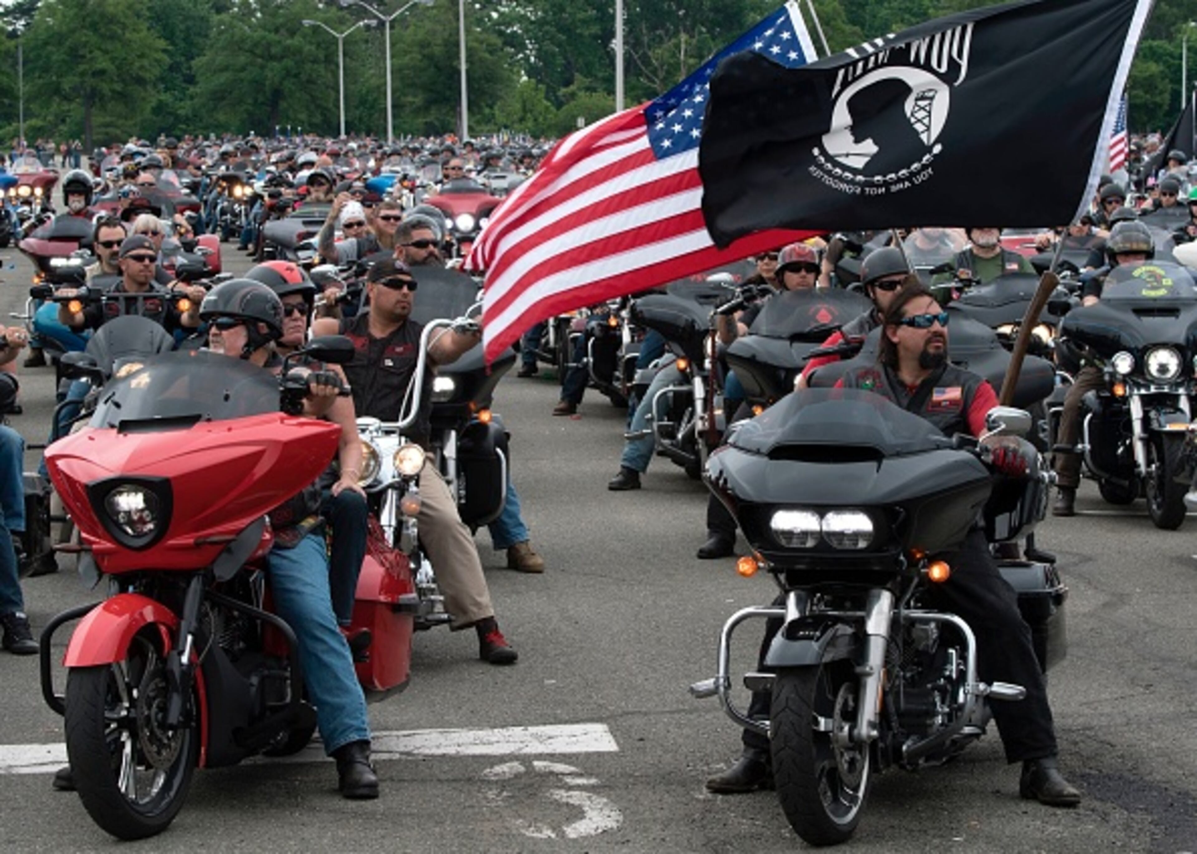 Motorcycle riders start their ride from the Pentagon parking lot on May 28, 2017, for the 30th Anniversary of Rolling Thunder, where approximately 900,000 motorcycle riders parade thru the streets of Washington, DC, in honor of Memorial Day. / AFP PHOTO / PAUL J. RICHARDS (Photo credit should read PAUL J. RICHARDS/AFP/Getty Images)