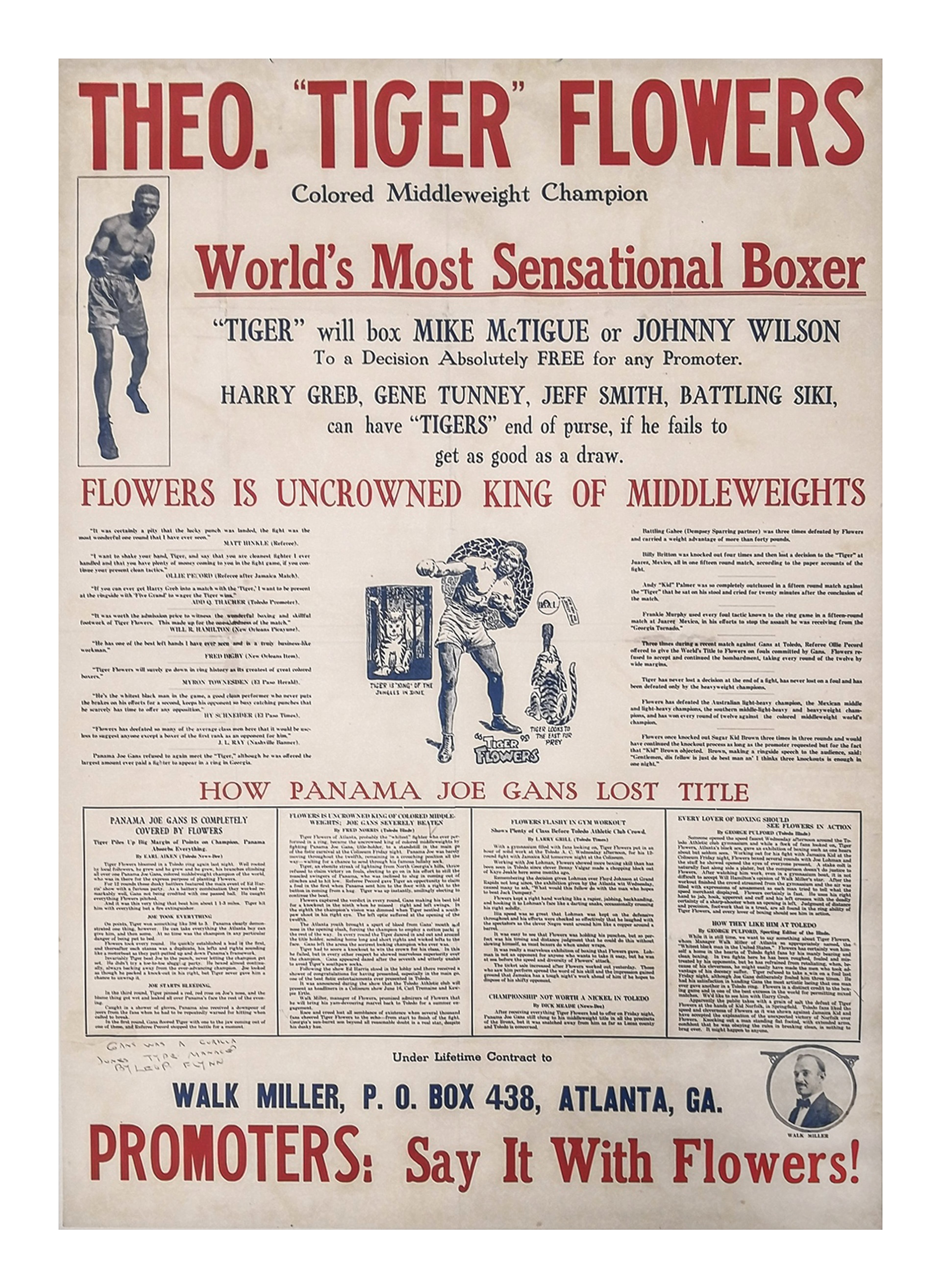 A promotional poster dubbed Tiger Flowers the "world's most sensational boxer."
