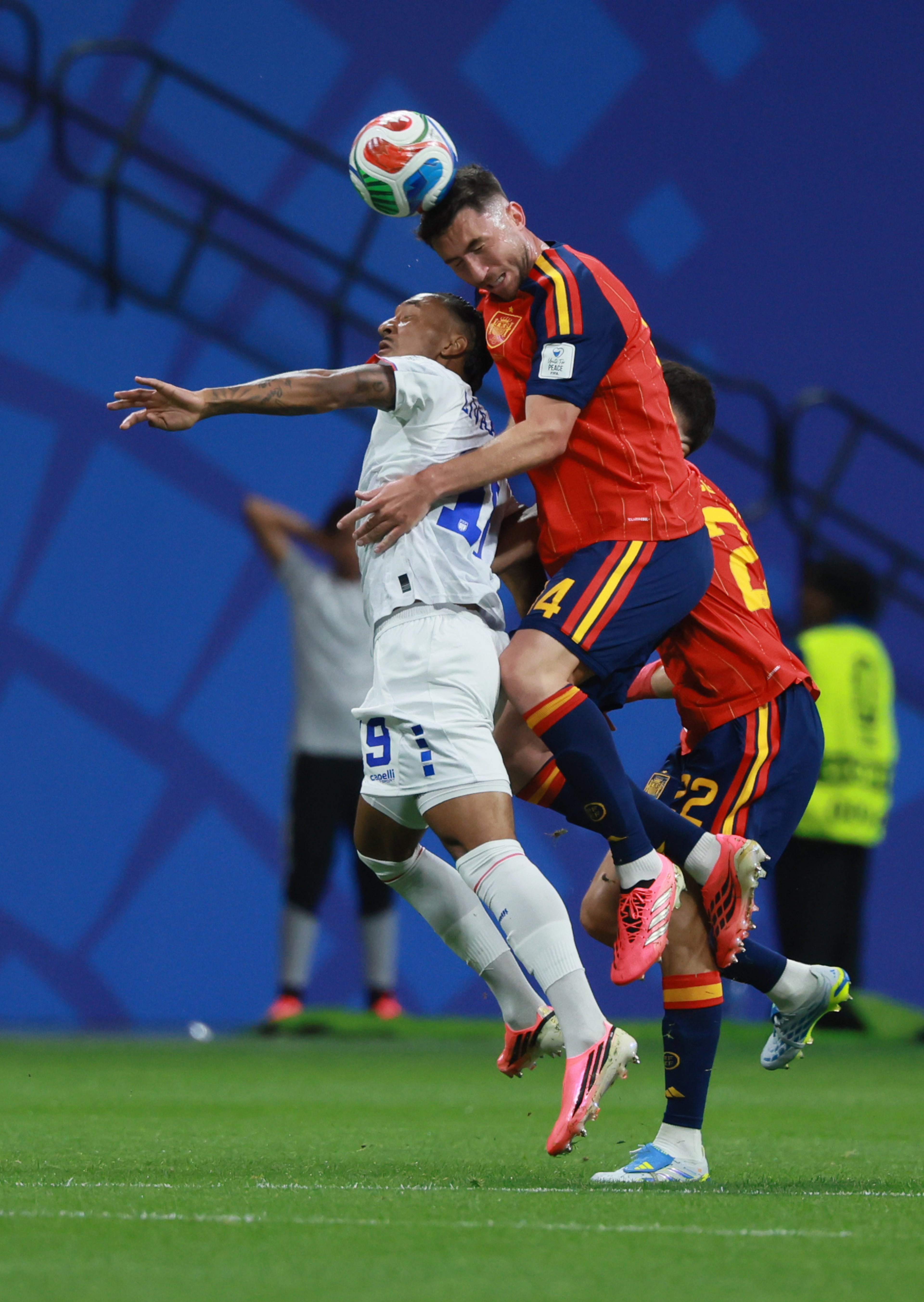Cape Verde's Dailon Livramento battles for a header with Spain's Aymeric Laporte during first half of Spain vs. Cape Verde Group H match at Atlanta Stadium (Mercedes-Benz Stadium) on Monday, June 15, 2026. (Jason Getz/AJC)