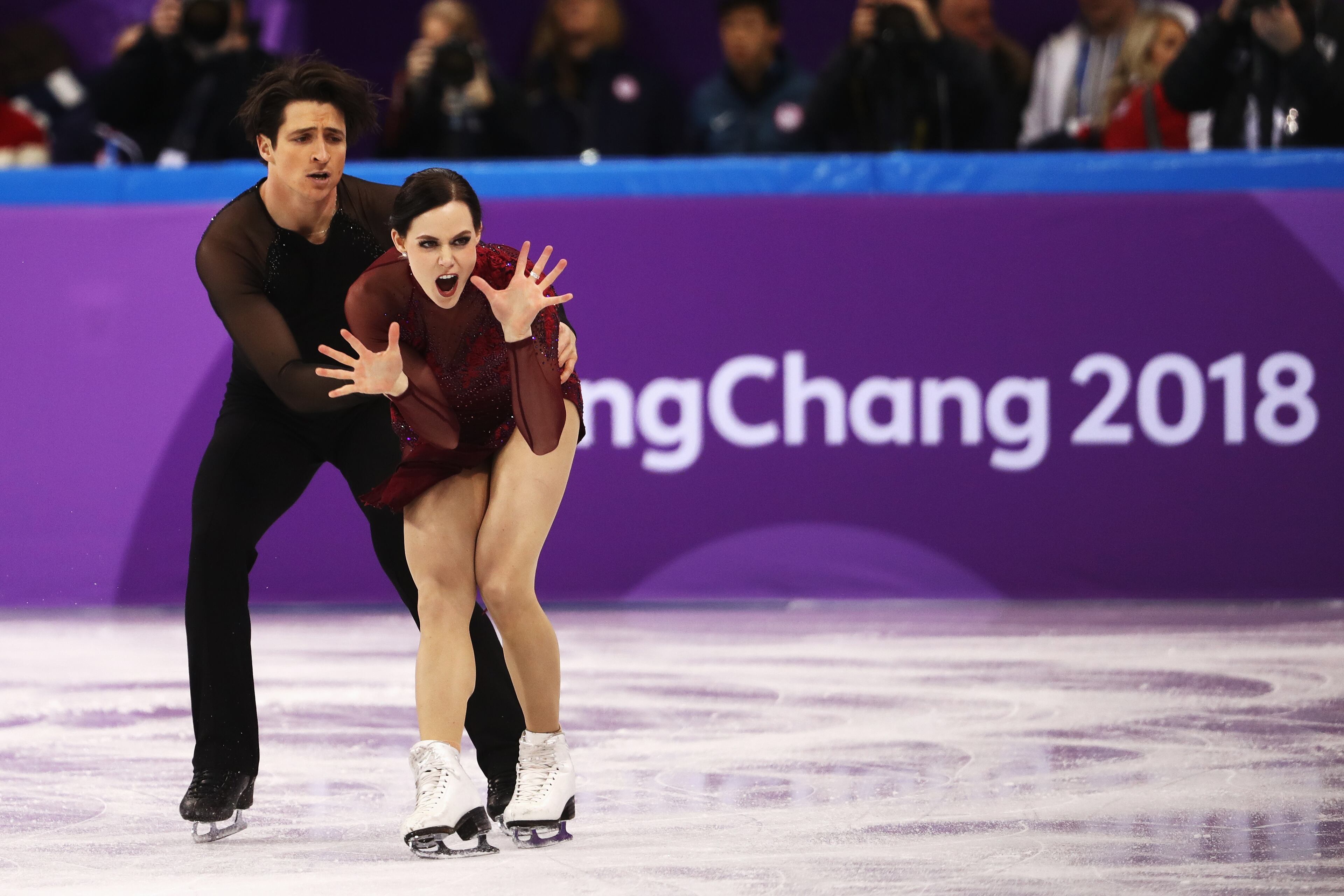 GANGNEUNG, SOUTH KOREA - FEBRUARY 12: Tessa Virtue and Scott Moir of Canada skate during the Ice Dance Free Dance section of the Team Event on day three of the PyeongChang 2018 Winter Olympic Games at Gangneung Ice Arena on February 12, 2018 in Gangneung, South Korea. (Photo by Robert Cianflone/Getty Images)