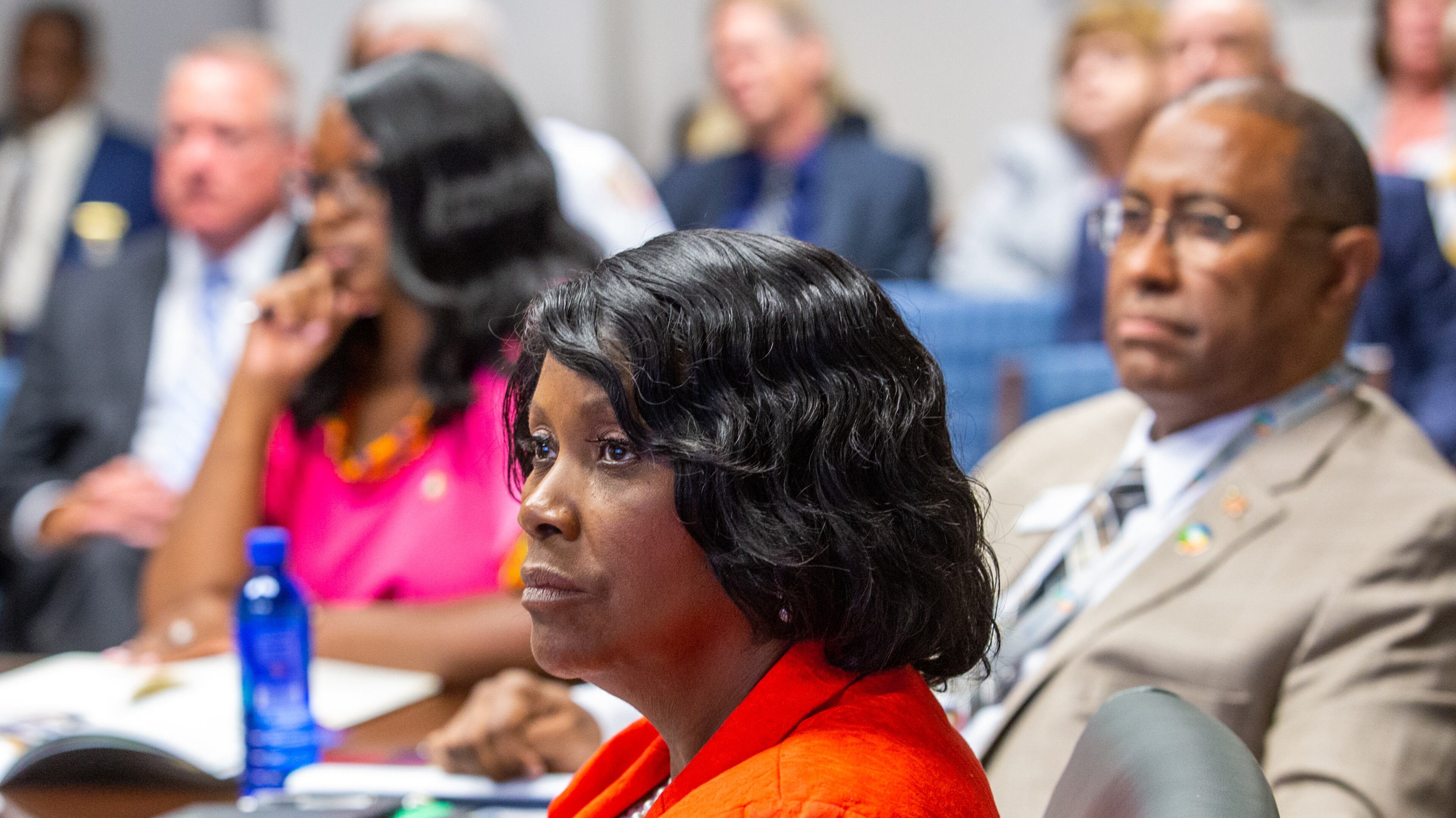 Commissioner Marlene Fosque watches a Parks and Recreation presentation after the formal Gwinnett County Board of Commissioners gather for a board meeting Tuesday, June 15, 2021. (Jenni Girtman for The Atlanta Journal-Constitution)