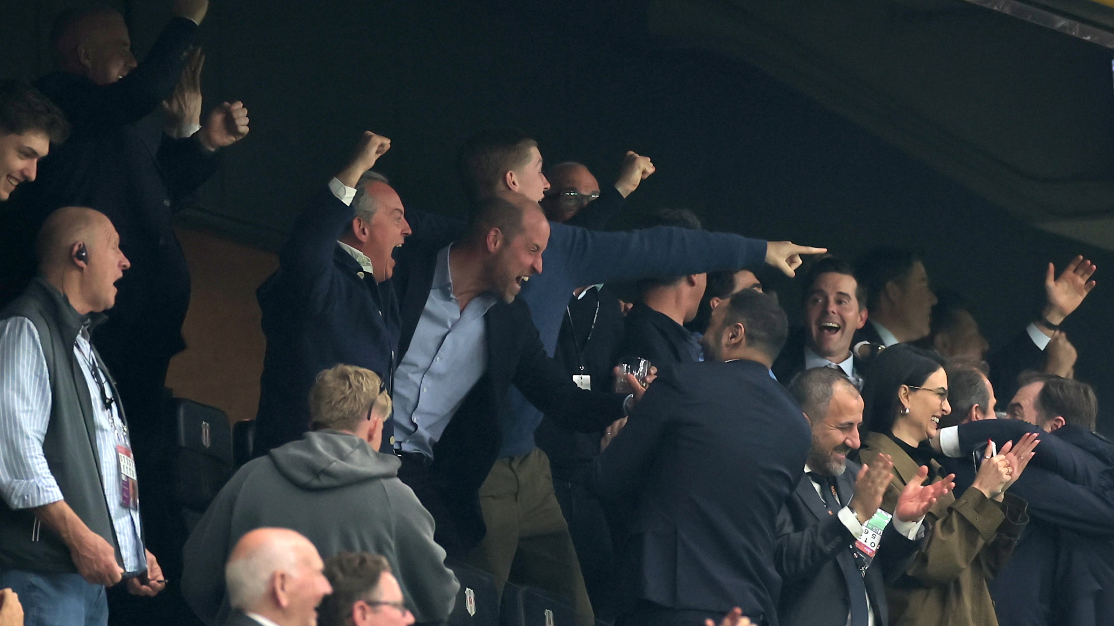 Britain's Prince William, center, celebrates during the Europa League final soccer match between Freiburg and Aston Villa in Istanbul, Turkey, Wednesday, May 20, 2026. (AP Photo)