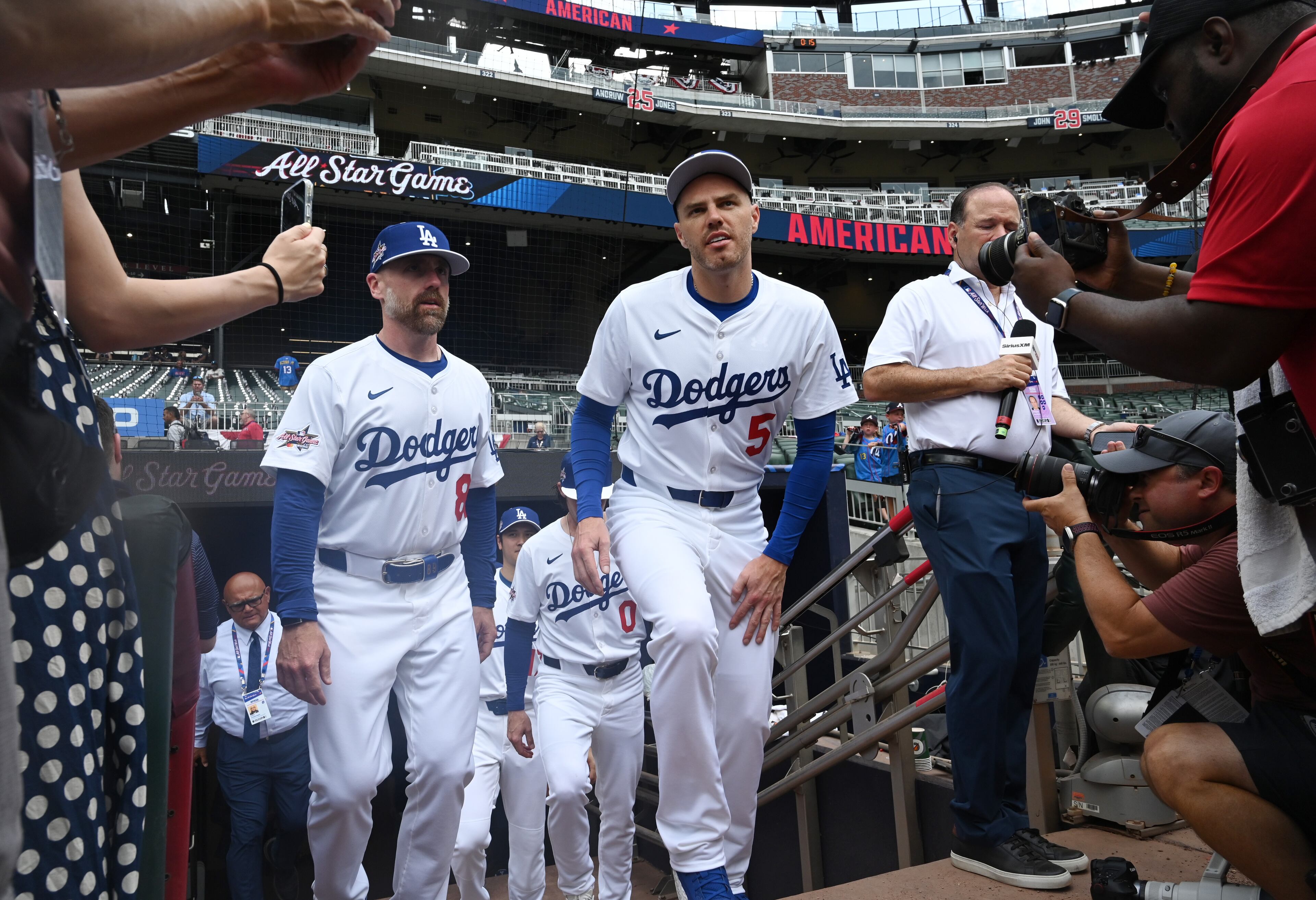 Los Angeles Dodgers first baseman Freddie Freeman walks onto the field before the 2025 MLB All-Star Game at Truist Park, Tuesday, July 15, 2025, in Atlanta. (Hyosub Shin/AJC)
