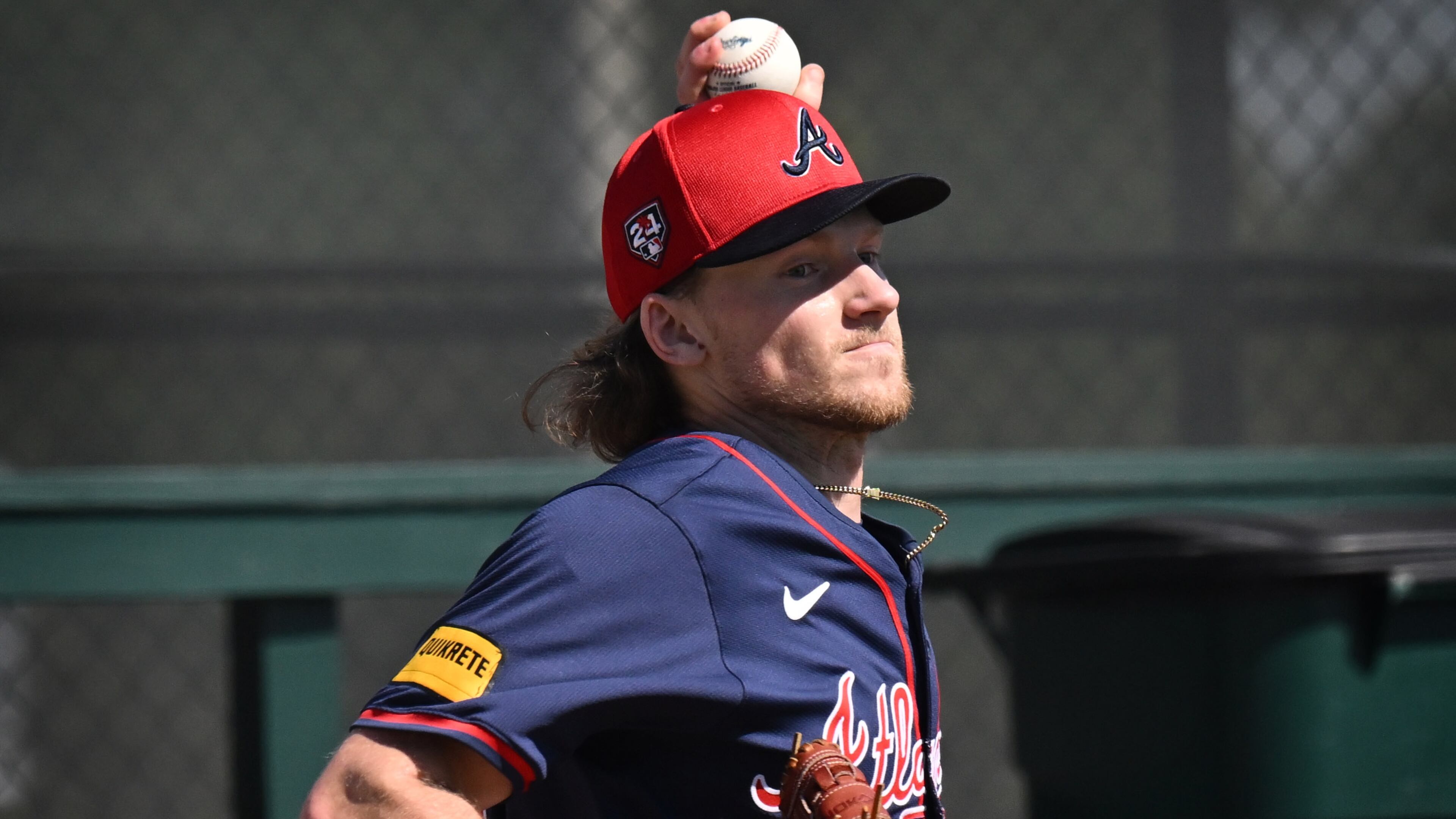 Braves pitcher Hayden Harris throws in the bullpen during spring training baseball workouts at CoolToday Park, Thursday, Feb., 15, 2024, in North Port, Florida. (Hyosub Shin / Hyosub.Shin@ajc.com)