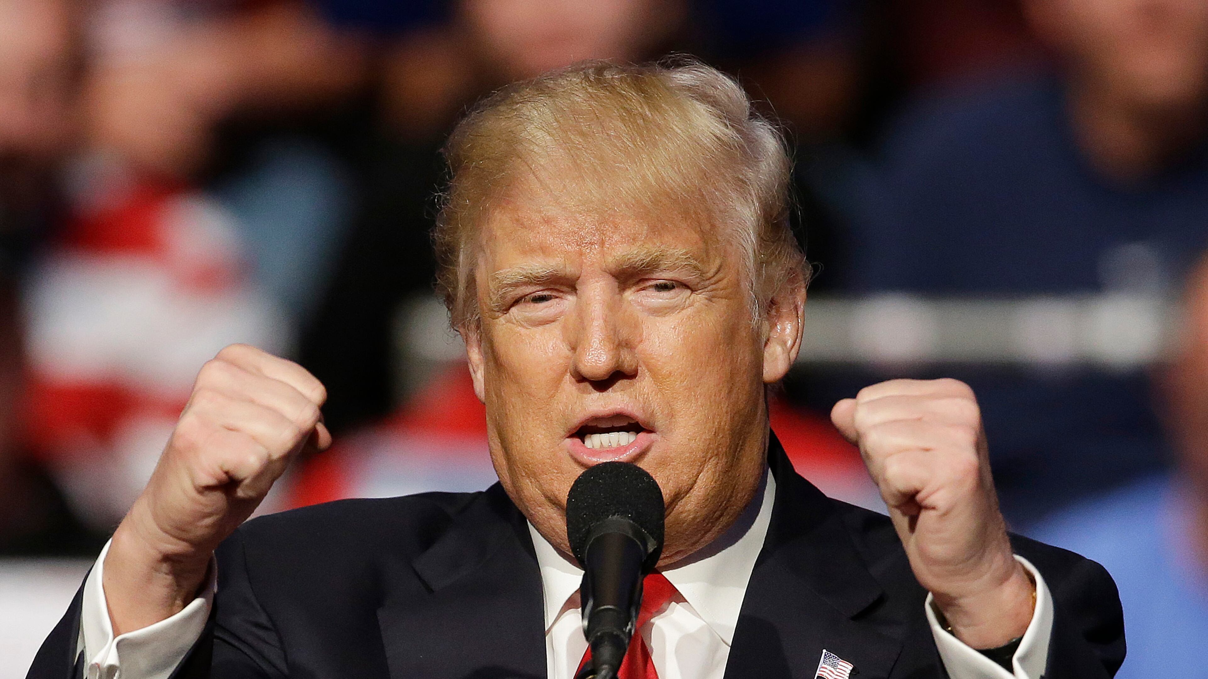 Republican presidential candidate Donald Trump speaks during a campaign stop at the Allen County War Memorial Coliseum, Sunday, May 1, 2016, in Fort Wayne, Ind. (AP Photo/Darron Cummings)