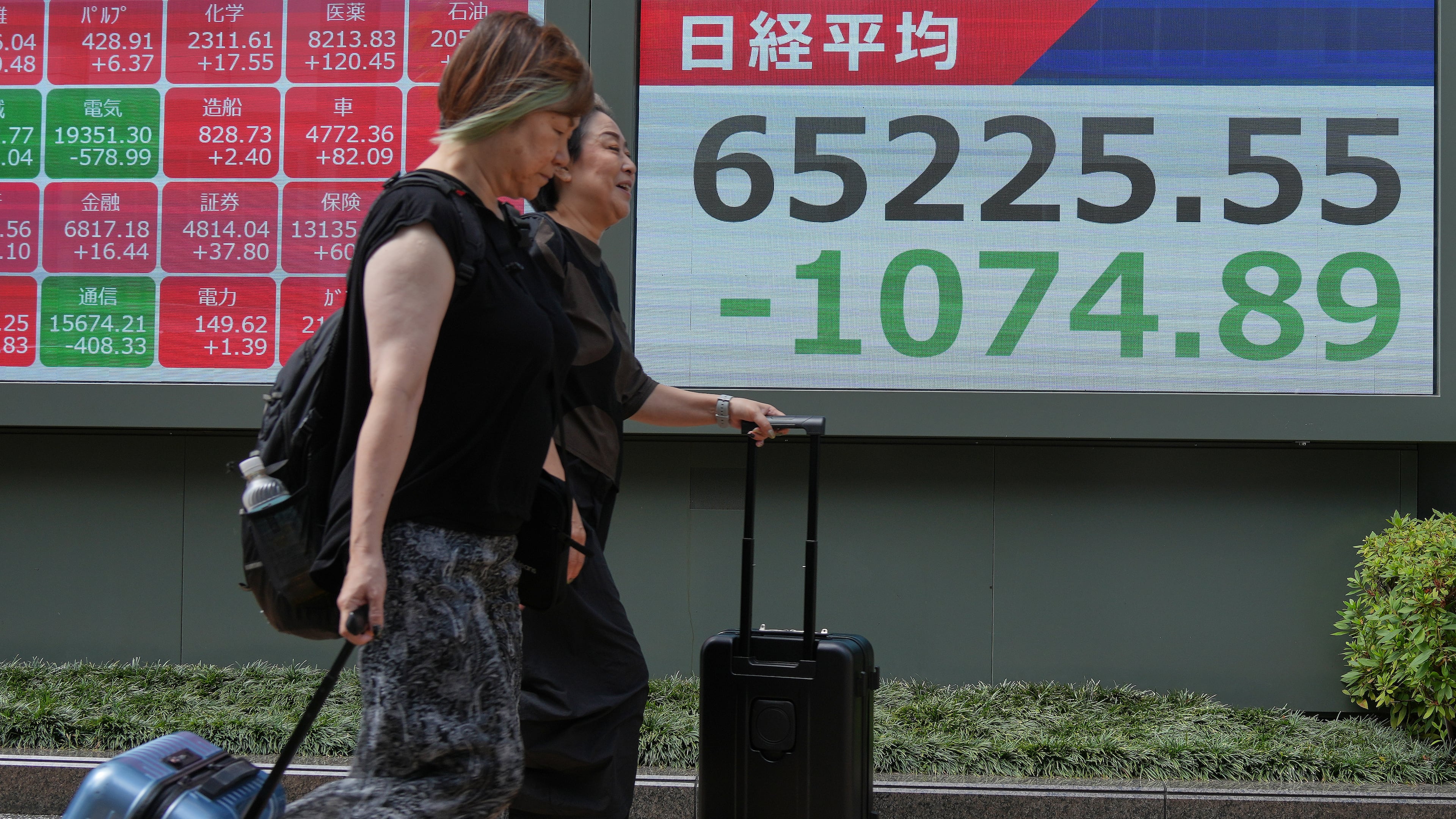 People walk past an electronic board showing Japan's Nikkei index at a securities firm Thursday, Aug. 6, 2026, in Tokyo. (AP Photo/Eugene Hoshiko)
