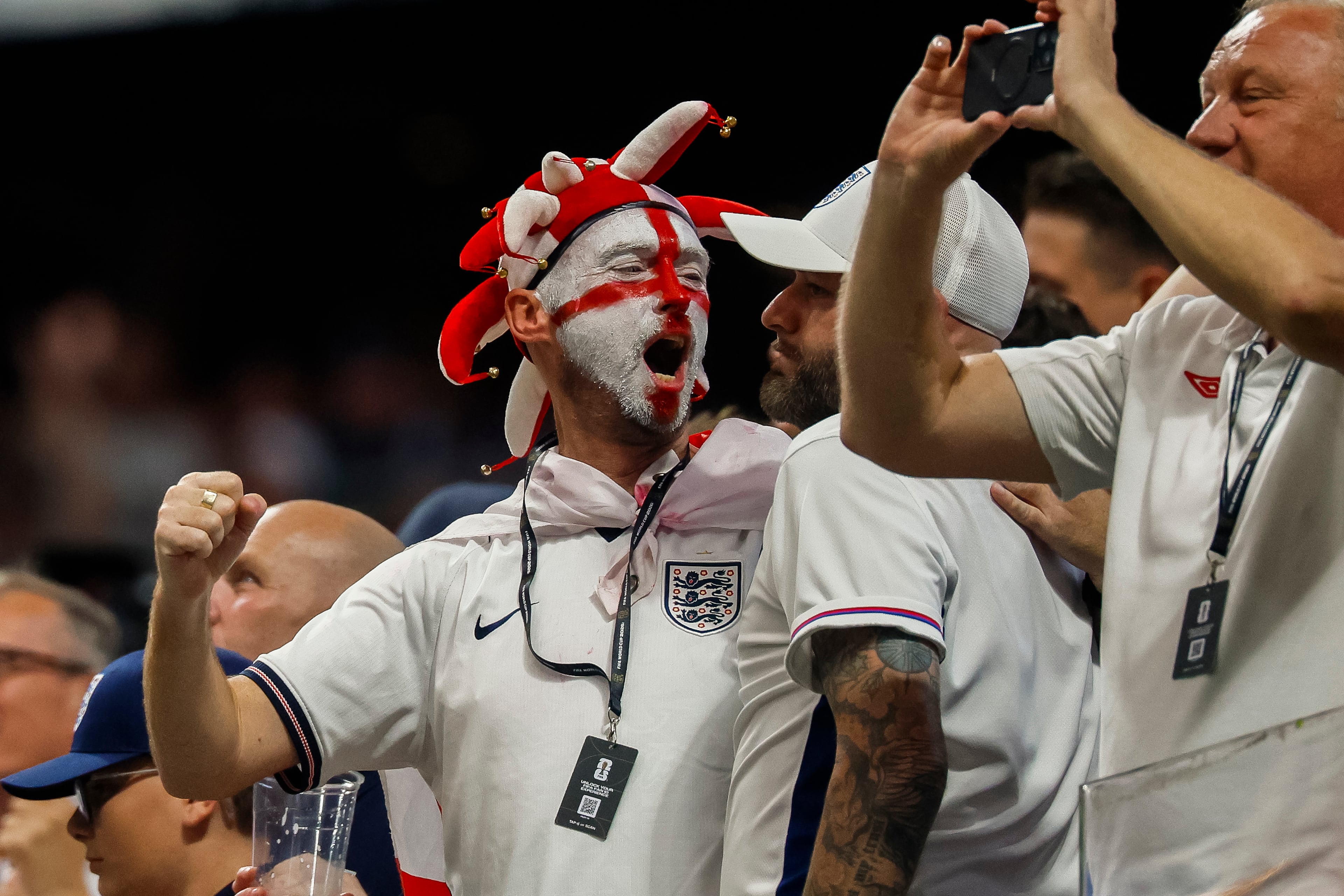 England fans react to a goal against Congo by Harry Kane during the second half of a FIFA World Cup round of 32 match at Atlanta Stadium (Mercedes-Benz Stadium) on Wednesday, July 1, 2026, in Atlanta. (Miguel Martinez/AJC)