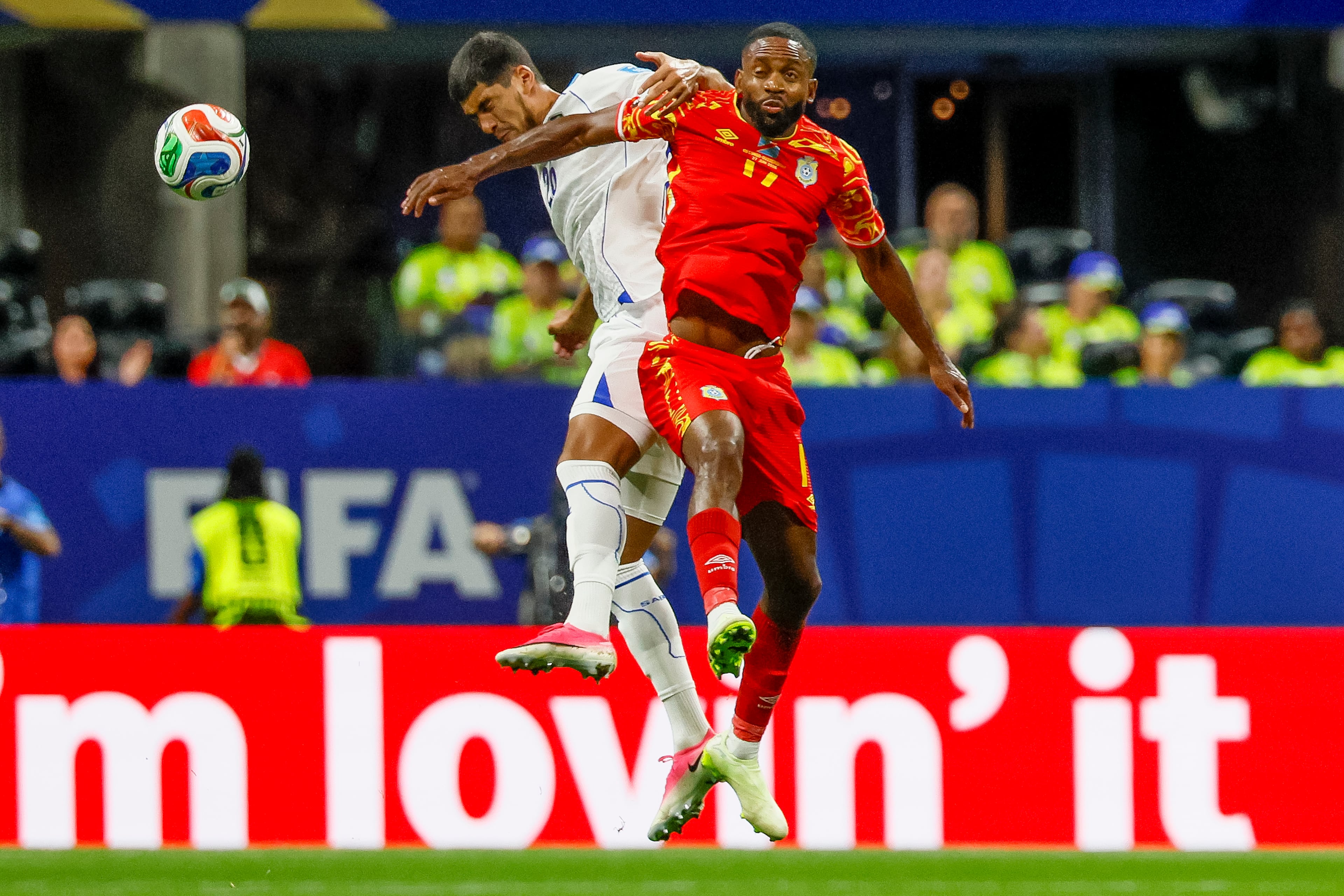 Congo forward Cédric Bakambu (right) controls the ball against Uzbekistan during the first half of a FIFA World Cup match at Atlanta Stadium (Mercedes-Benz Stadium) on Saturday, June 27, 2026, in Atlanta. (Miguel Martinez/AJC)