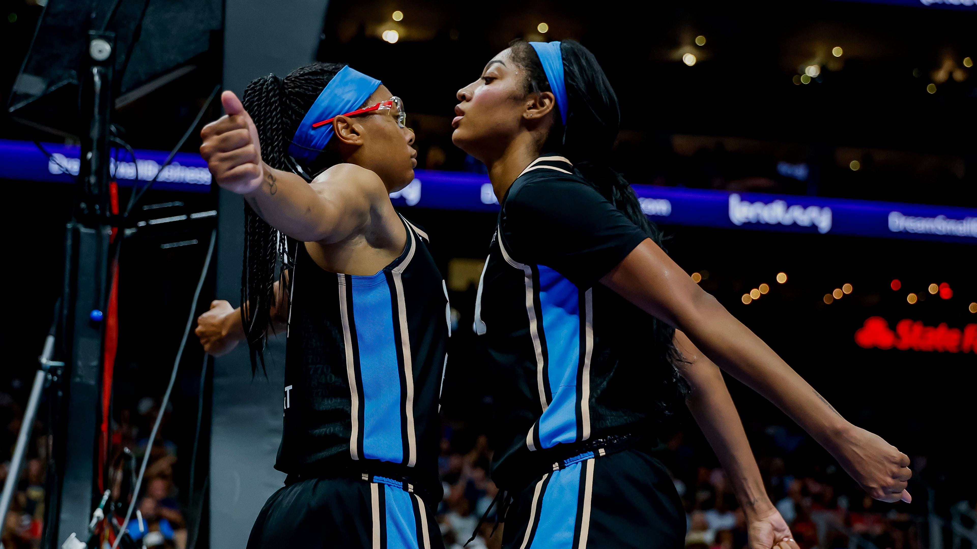 Atlanta Dream forward Angel Reese (right) reacts with guard Allisha Gray during the first half of a game between the Dream and the Indiana Fever, Sunday, Aug. 16, 2026, in Atlanta. "Everybody just comes in with a lot of confidence," Reese says. (Erik S. Lesser for the AJC)