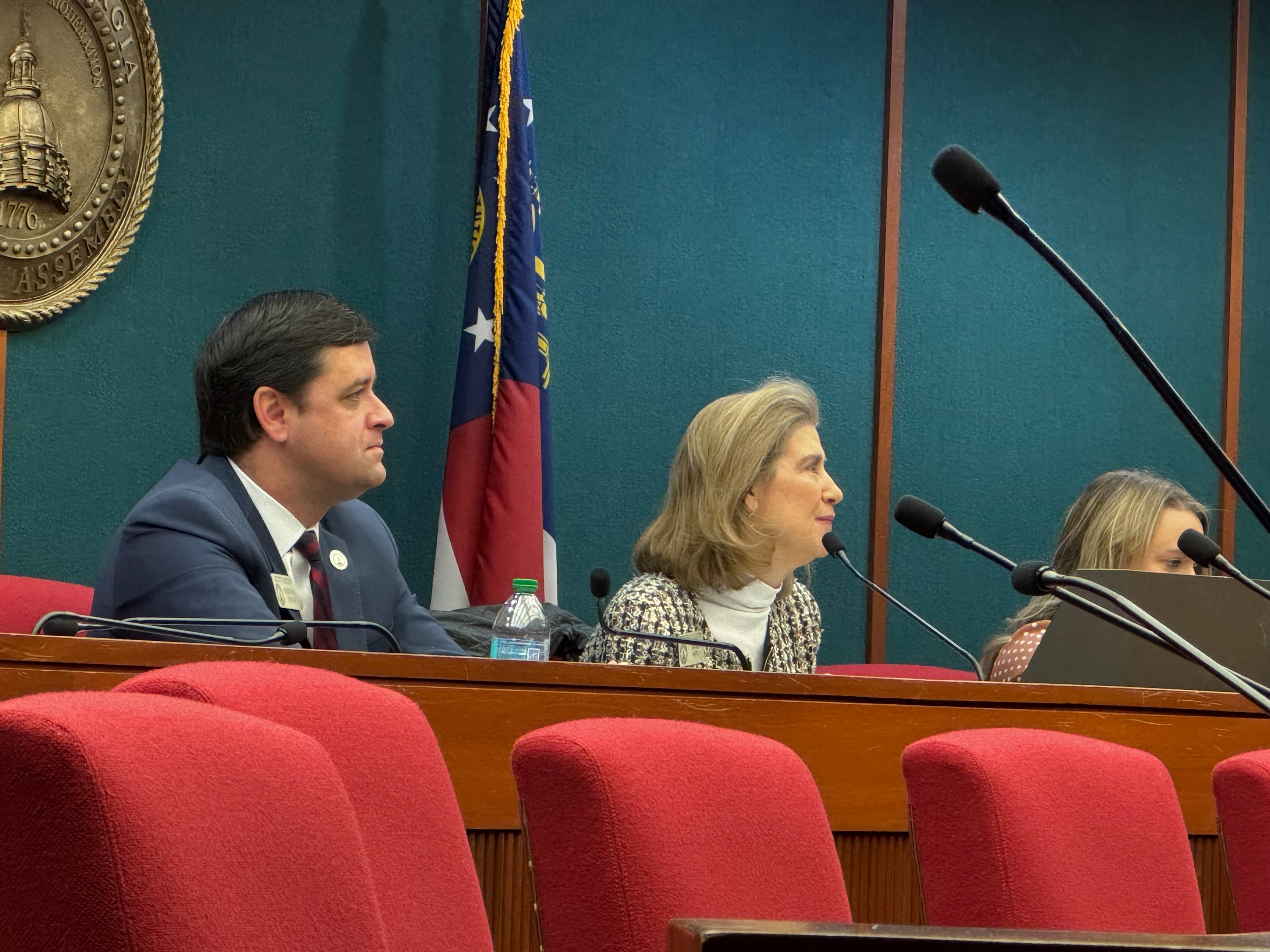 State Rep. Scott Hilton, R-Peachtree Corners, left, and state Rep. Deborah Silcox, R-Sandy Springs, listen to testimony during a hearing of the Metropolitan Atlanta Rapid Transit Overview Committee in 2024. (Adam Beam/AJC)