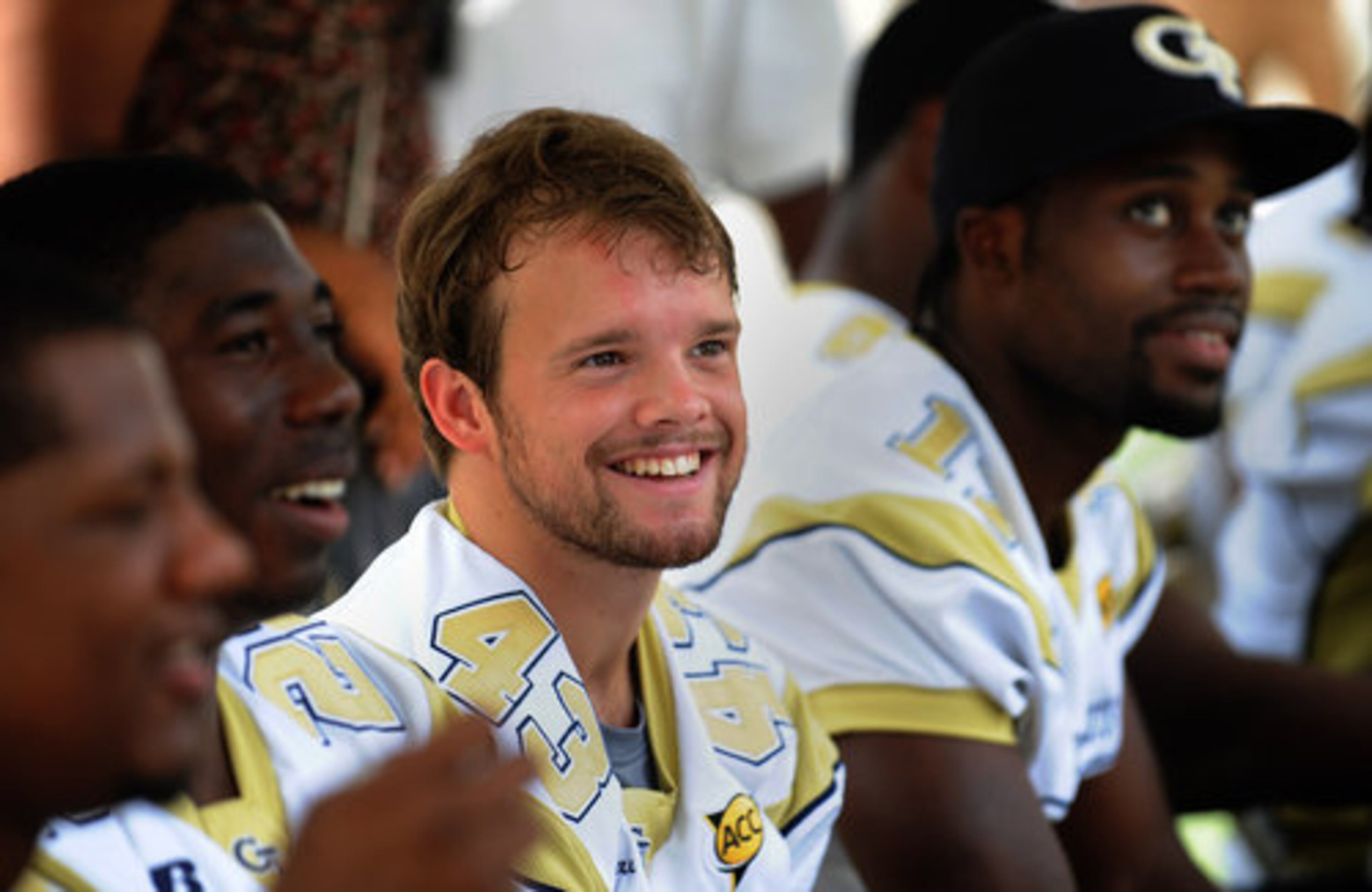 Tech running back Sam McNearney, a redshirt freshman from Marist, meets with fans during Yellow Jacket Fan Day.
