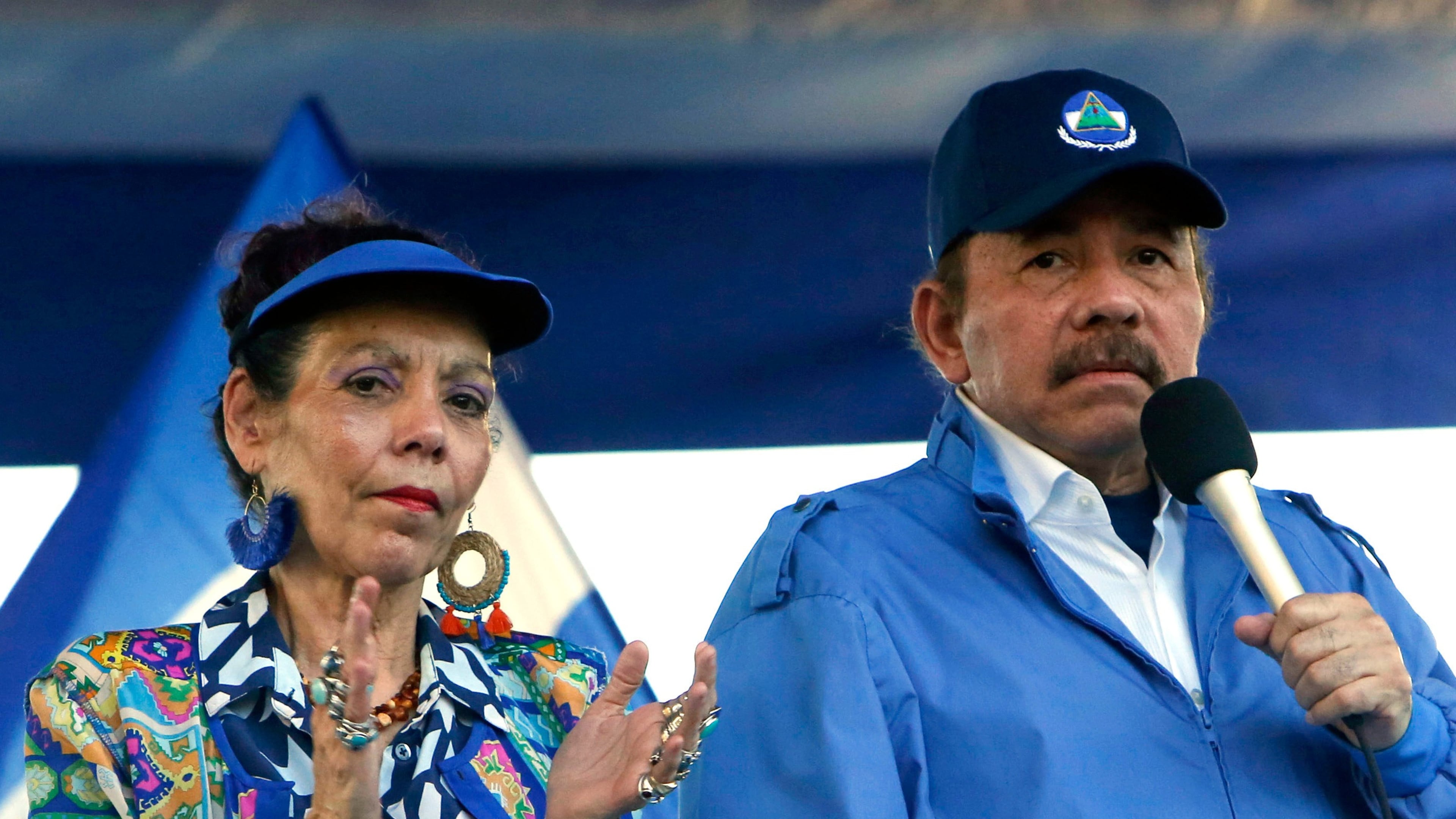 FILE - President Daniel Ortega and his wife, Vice President Rosario Murillo, lead a rally in Managua, Nicaragua, Sept. 5, 2018. (AP Photo/Alfredo Zuniga, File)