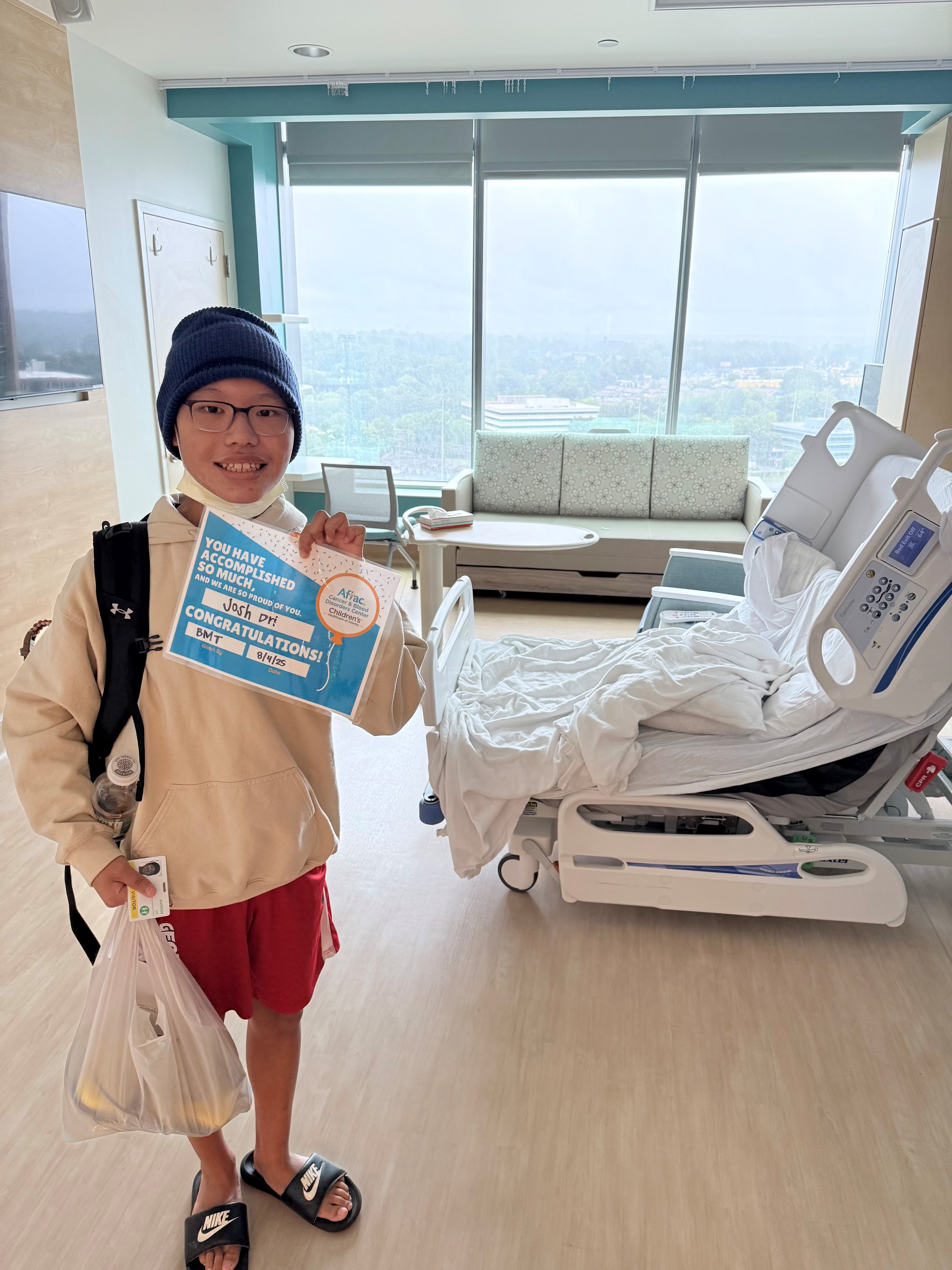 Josh Dri is discharged from the Aflac Cancer and Blood Disorders Center after his lifesaving gene therapy transplant. (Courtesy of the Dri family)