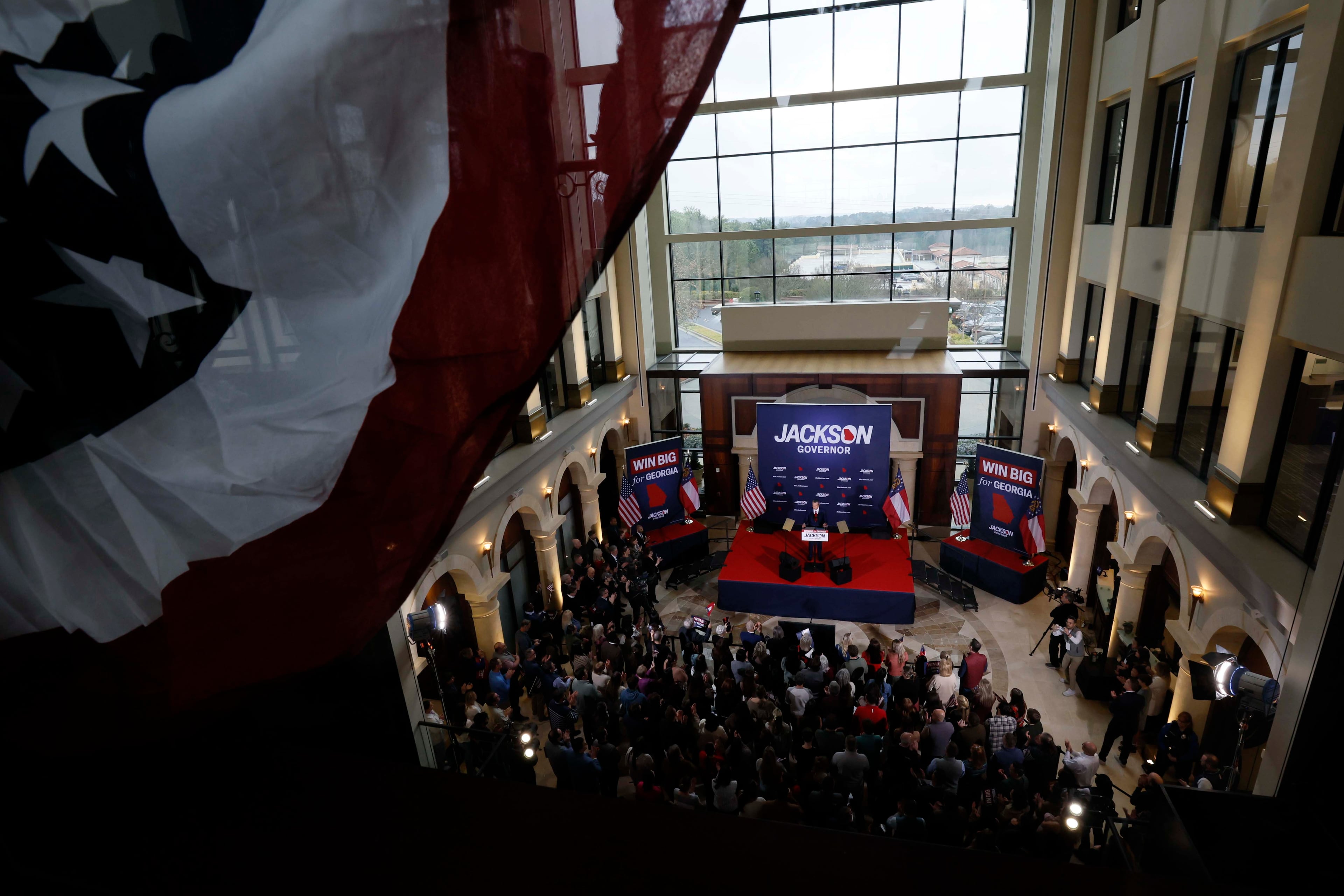 Healthcare business owner Rick Jackson addresses the crowd during his campaign kickoff speech for Georgia governor at Jackson Healthcare in Alpharetta in February. (Miguel Martinez/AJC)