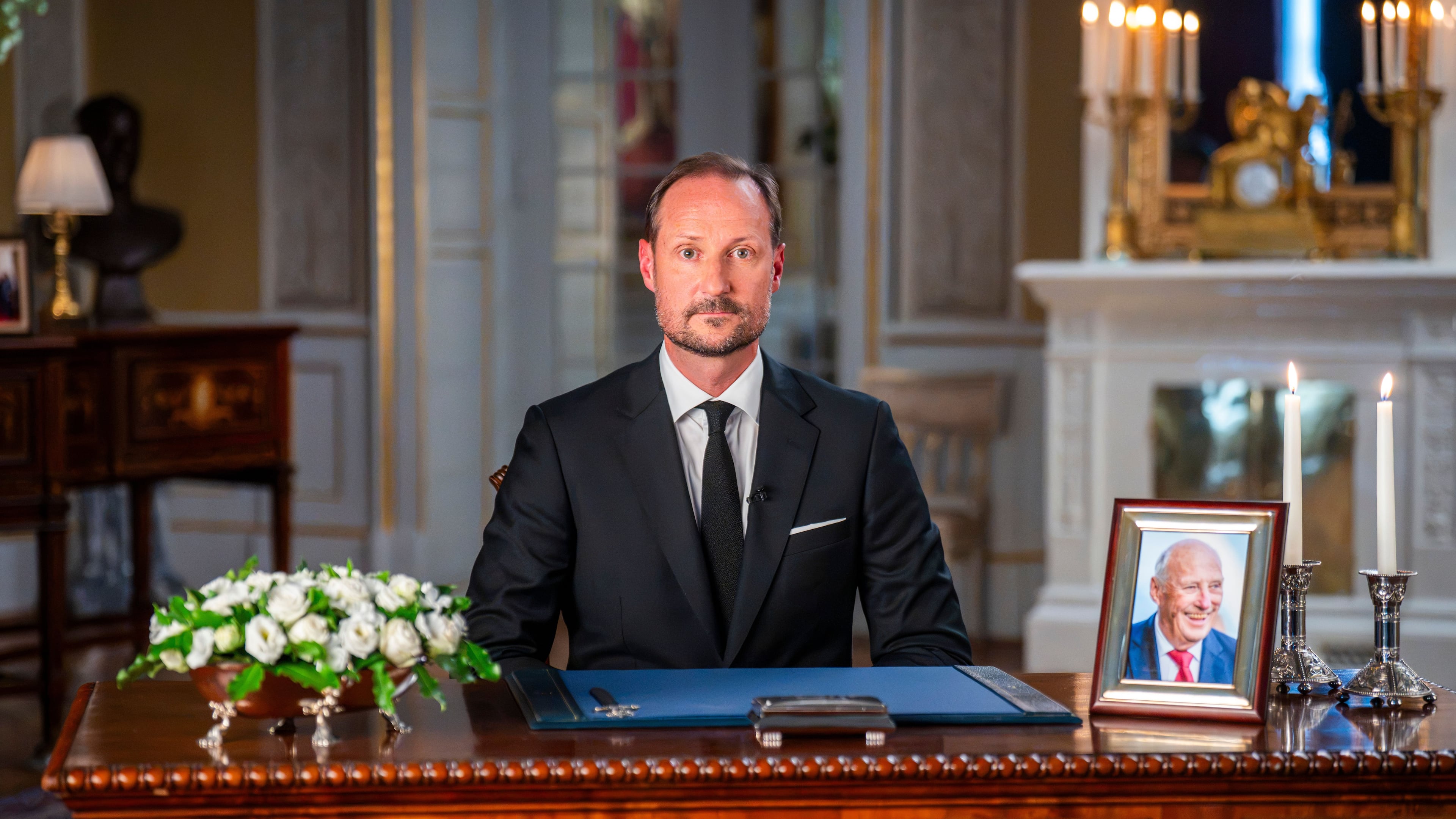 Norway's King Haakon at the palace in Oslo, Saturday, Aug. 29, 2026. (Heiko Junge, Pool Photo via AP)
