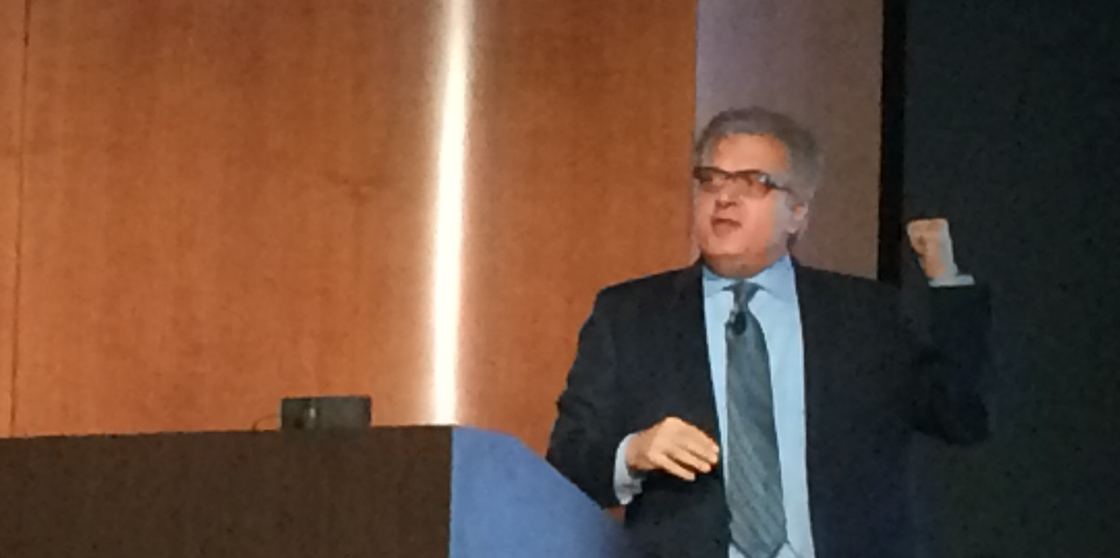 Rajeev Dhawan, director of the Economic Forecasting Center at Georgia State University, during his quarterly conference on Wednesday. (Michael E. Kanell photo/mkanell@ajc.com)