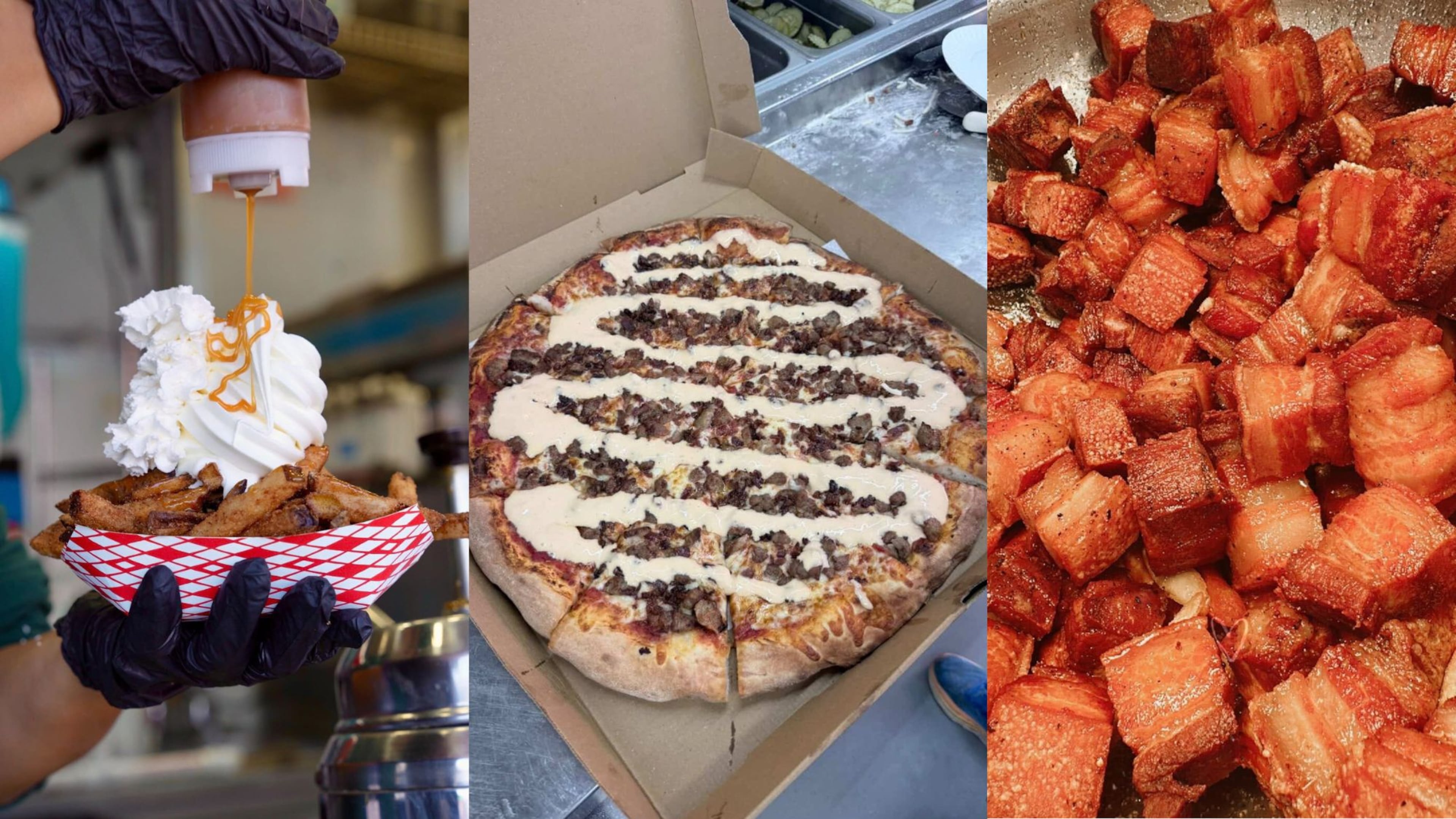 At this year's Georgia National Fair, find food offerings like fried apples from Apple Fries; a meat lover's and beer cheese pizza from Gillette's Pizza and Lemonade; and fried pork belly from Mr. Pork Belly. (Courtesy of Cary Seaholm; Gillette's Pizza and Lemonade; Peter Regalado)