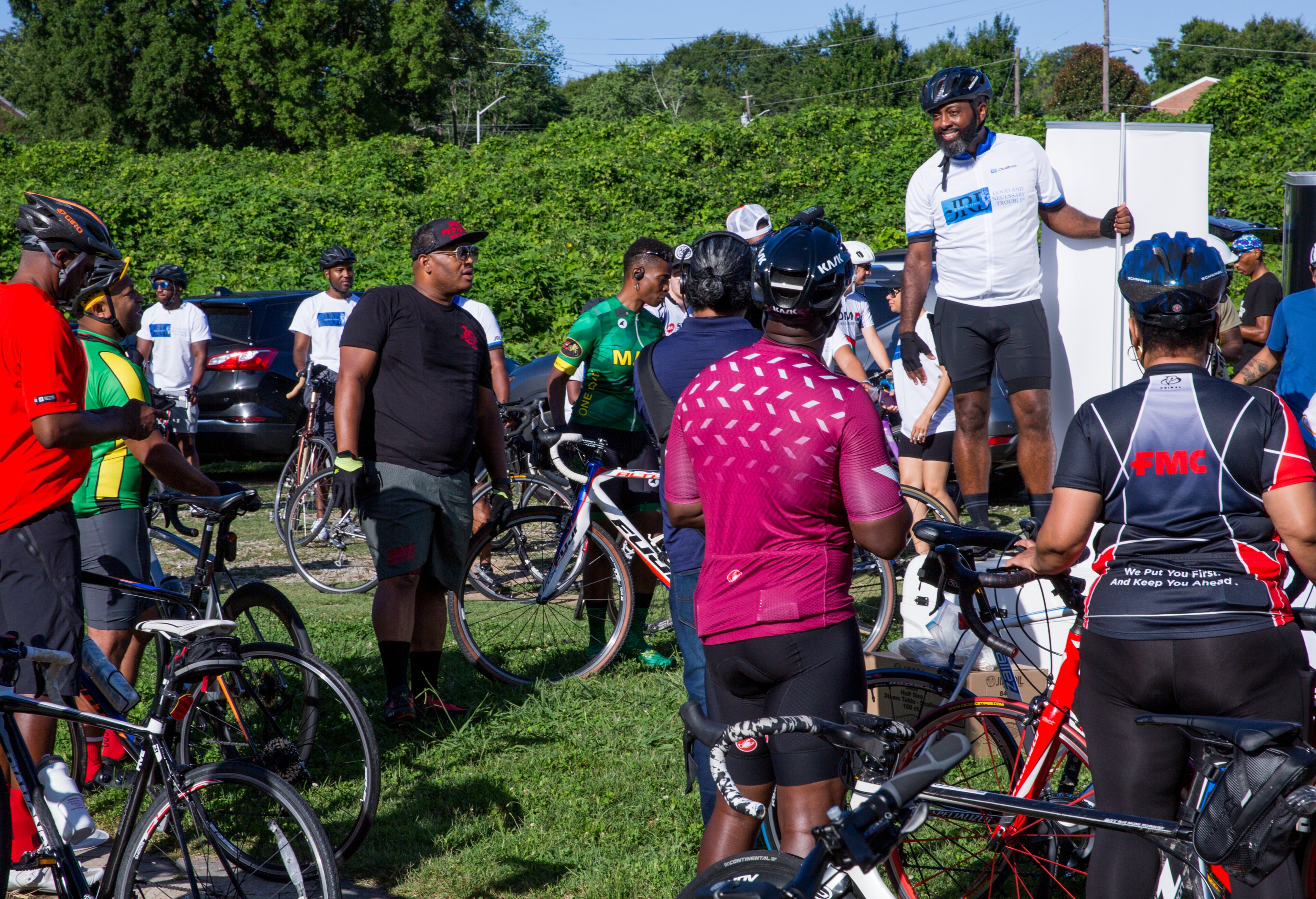 Before the inaugural John Lewis Memorial Freedom Ride in Atlanta begins, Lewis' nephew Jared Lewis address the group of cyclists and kicks off the bike ride in memory of the civil rights icon on the one-year anniversary of his passing. Several bicycle groups gathered on Saturday, July 17, 2021. (Photo: Jenni Girtman for The Atlanta Journal-Constitution)