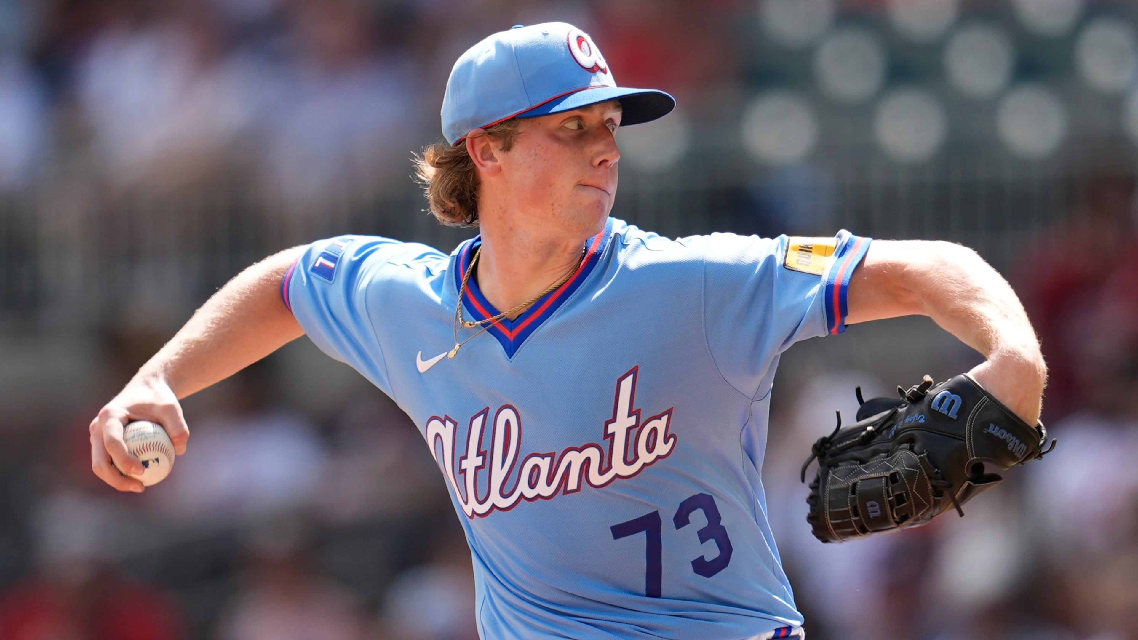 Pitcher Owen Murphy, shown here working against the Texas Rangers in July, will be called upon if the Braves need to eat some innings during Tuesday or Wednesday’s games against the Cubs, manager Walt Weiss says. (Mike Stewart/AP)